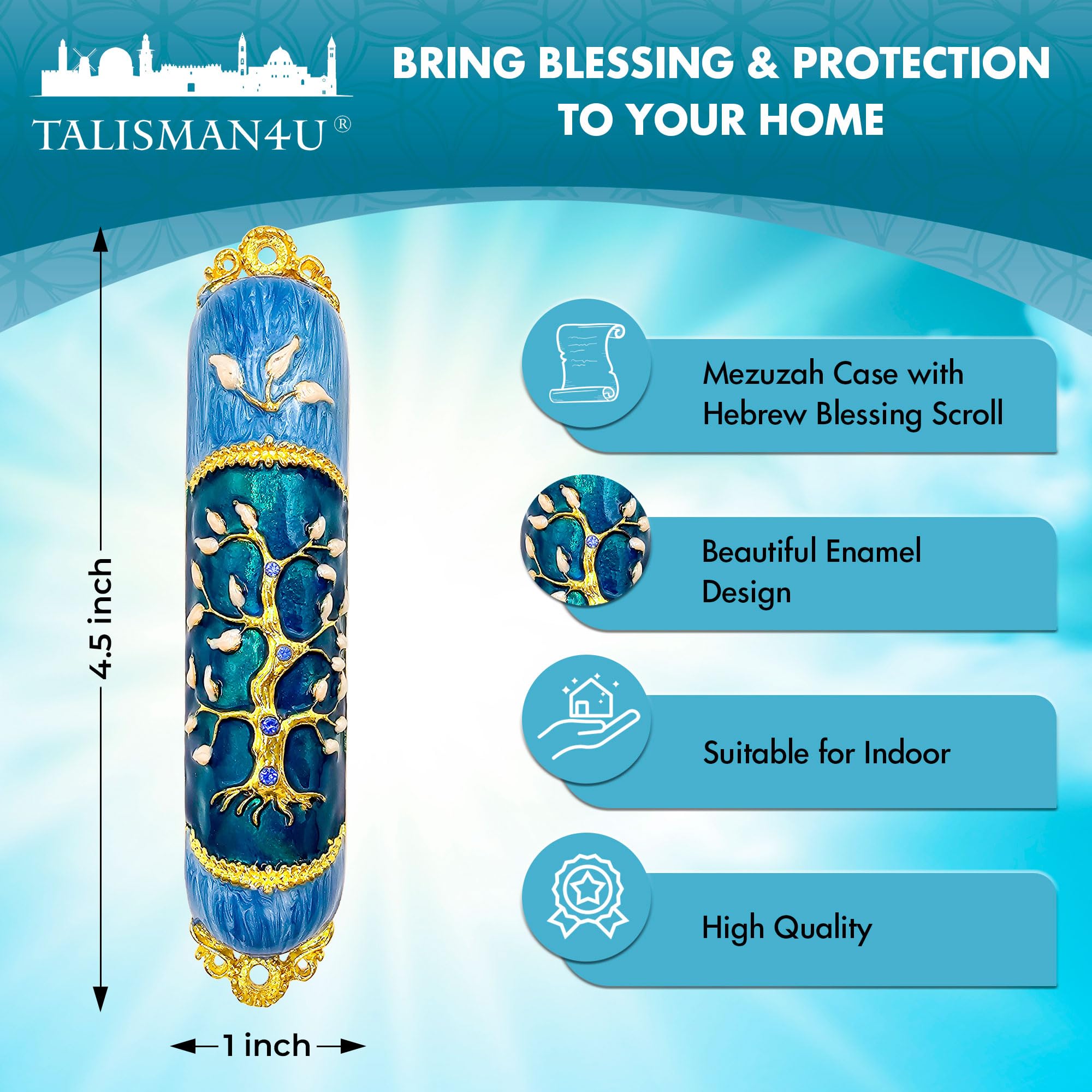 TALISMAN4U Enamel MEZUZAH CASE with Scroll Gold Plated Crystals Hand Painted Tree of Life Design Protection Door Mezuza from Israel Judaica Gift for Home (Blue)