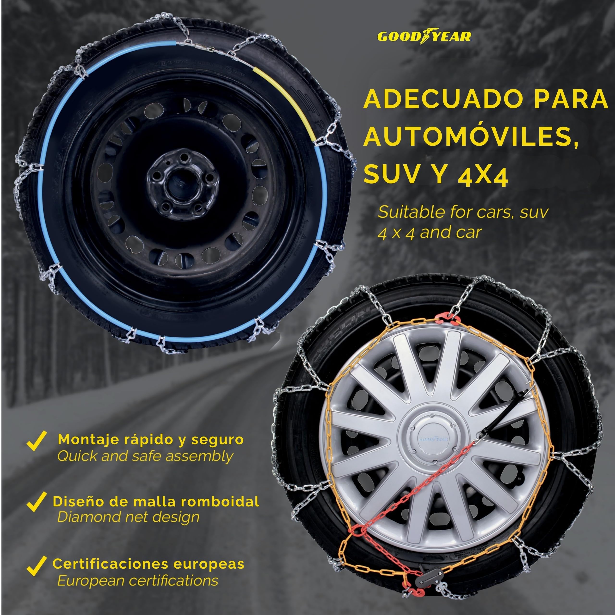 Goodyear 77930 "12mm": Cadenas de nieve 12 mM Talla 225, Adecuado para 4x4, Jeep, SUVs, microbús, furgonetas y vehículos comerciales, Homologación TUV y GS ÖNORM