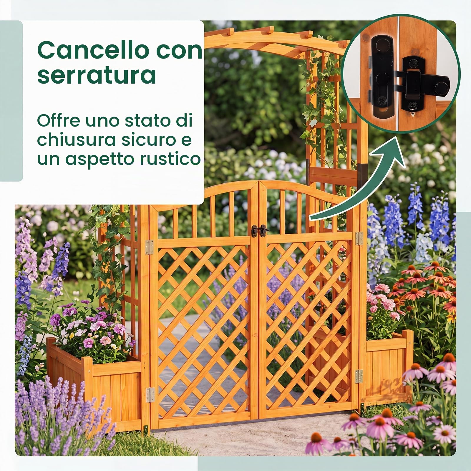 HOMASIS Arco da Giardino con Fioriera, Pergolato per Piante Rampicanti in Legno di Abete, Arco da Esterno con Cancello Chiudibile, Fori di Drenaggio e Pannello Rimovibile, 185 x 46 x 210 cm