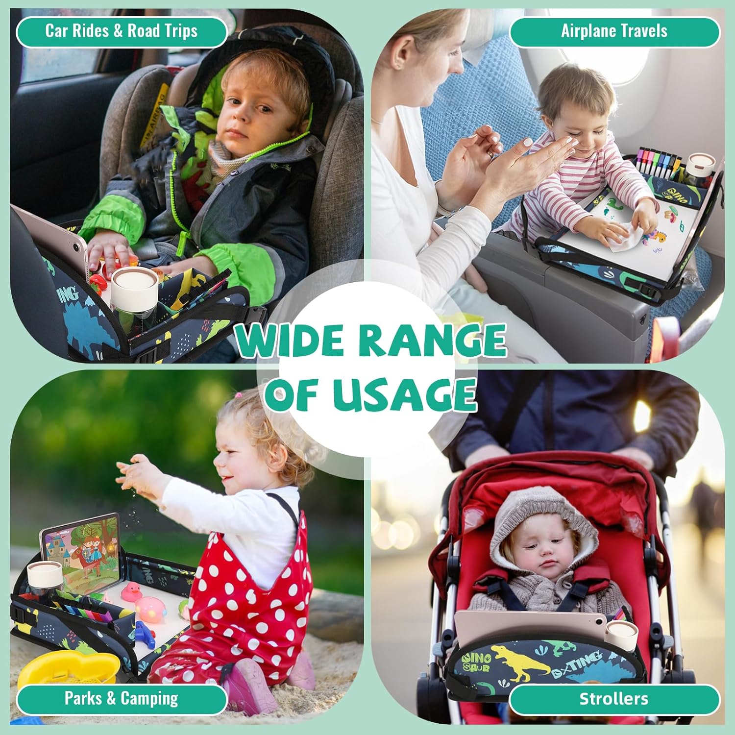 Kids Travel Tray for Airplane - Toddler Car Seat Table Tray, Road Trip Essentials for Boys & Girls, Carseat Lap Desk for Kids Road Trip Activities, Dinosaur image 3 of 7 B0F21S1LK6
