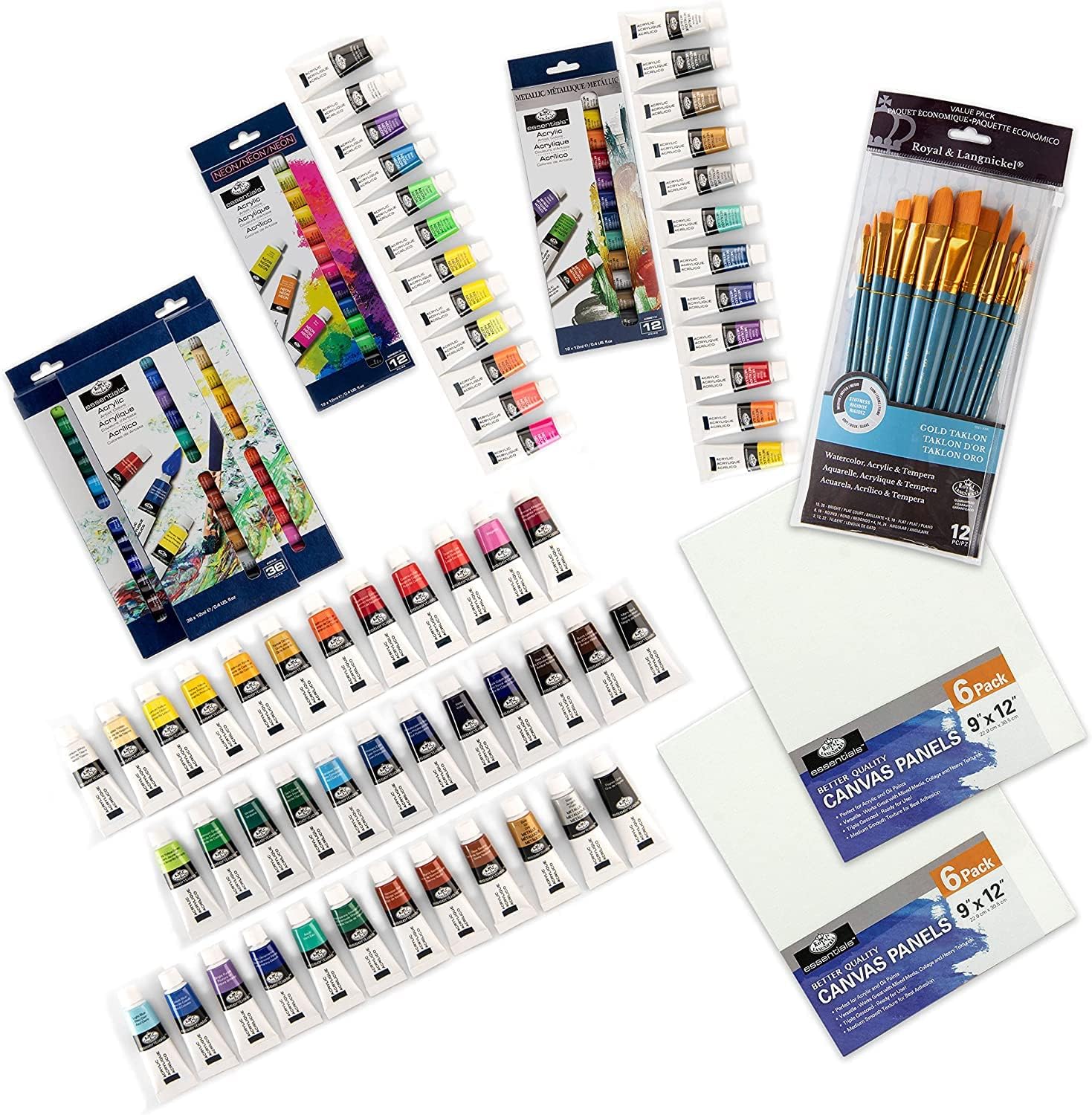 Royal & Langnickel 84PC Ultimate Acrylic Paint Set with 60 Acrylic Paints, 12 Gold Taklon Brushes and 12-9"x12" Canvas Boards
