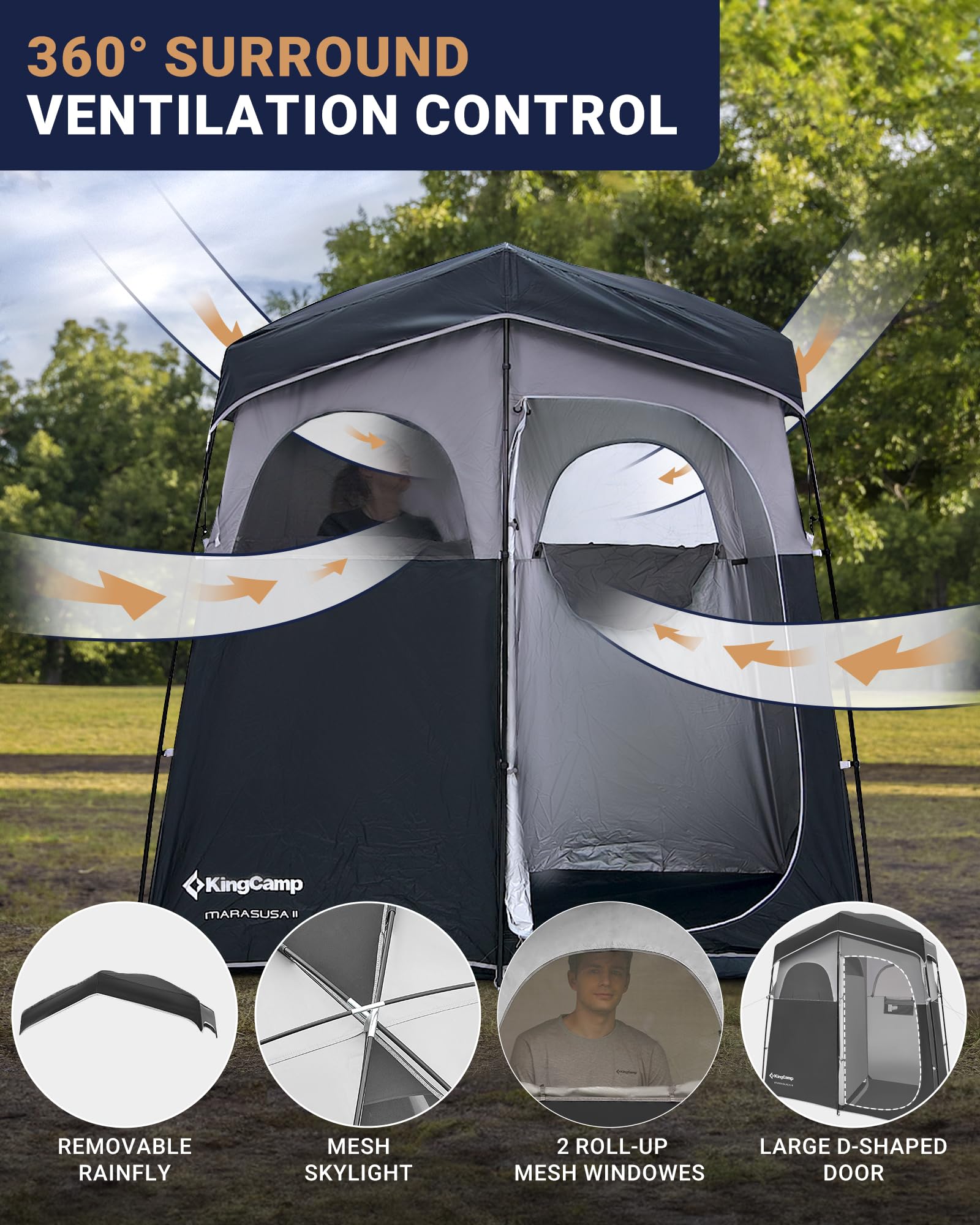 KingCamp Übergroße Outdoor-Duschzelte für Camping, Ankleidezimmer, tragbarer Unterschlupf, Umkleidekabine, Dusche, Privatsphäre, Einzel-/Doppelduschzelt, 200 x 105 x 203 cm