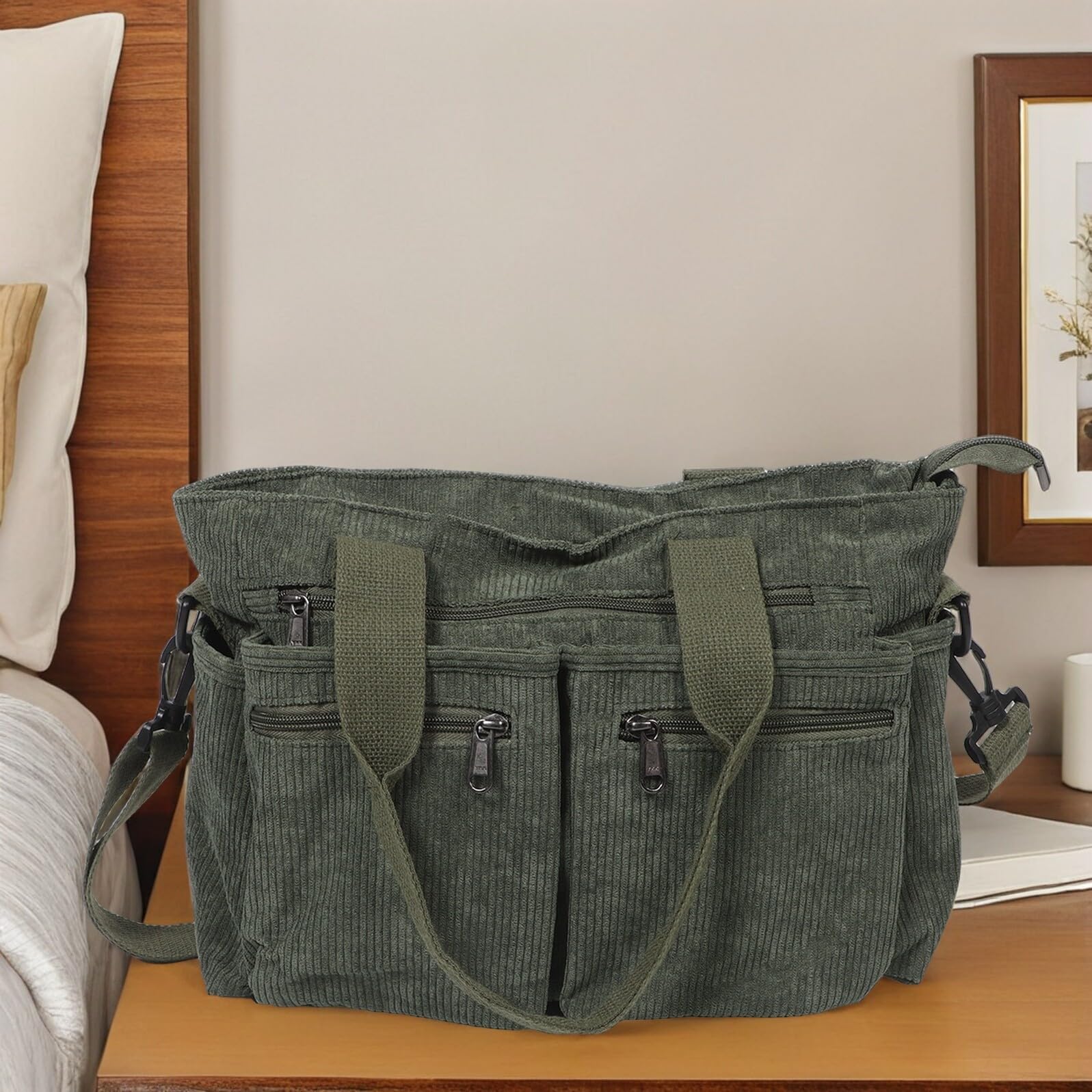TEHAUX Bolso Tote De Tela Acanalada Para Mujer Bolso Bandolera De Tela Acanalada Con Bolsillos De Gran Capacidad Para Uso Diario