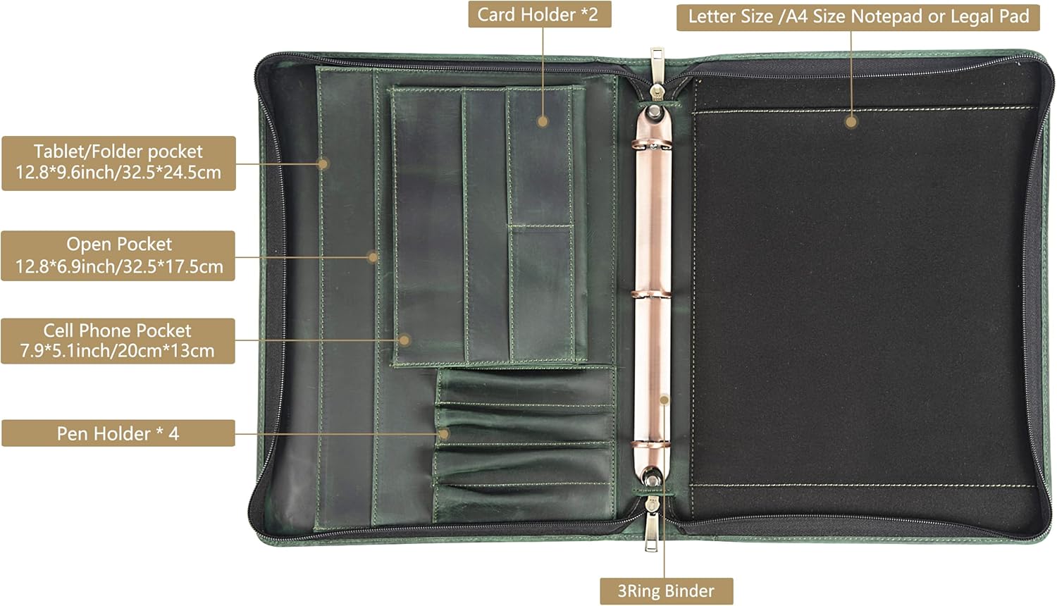 AZXCG Padfolio for Men, Leather Document Organizer with 3 Ring Binders, Legal Pad Resume Holder, Work Binder Folder, Zip Binders 3 Ring, Green, Gift for Men/Son : Office Products