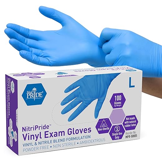 MED PRIDE Nitrile/Vinyl Blend Exam Gloves, Powder-Free, Latex-Free, Disposable, Non-Sterile, Blue, Large (Box of 100)