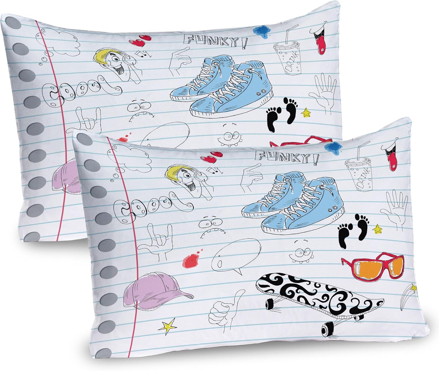 Ambesonne Hipster Pillow Sham Set of 2, Notebook Design with a Variety Drawings Funky Skateboard Shooting Star, Quality Microfiber Bedding Item for All Seasons, 26" x 20", Blue Ginger