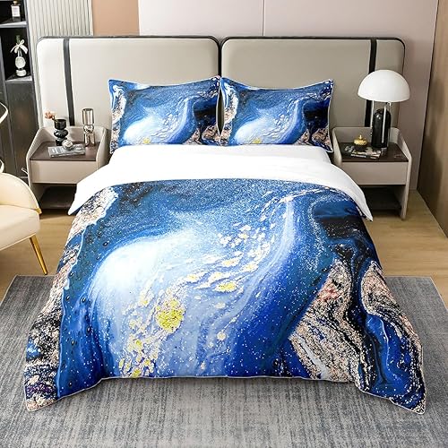 Erosebridal Juego de funda de edredón estética azul marino 100% algodón para hombres y mujeres, juego de ropa de cama azul marmoleado azul, funda de