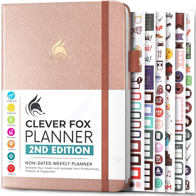 Clever Fox Planner 2nd Edition  Colored Weekly & Monthly Goal Setting Planner, Habit Trackers, Time Management and Productivity Organizer, Gratitude Journal, Undated, A5, Lasts 1 Year  Rose Gold