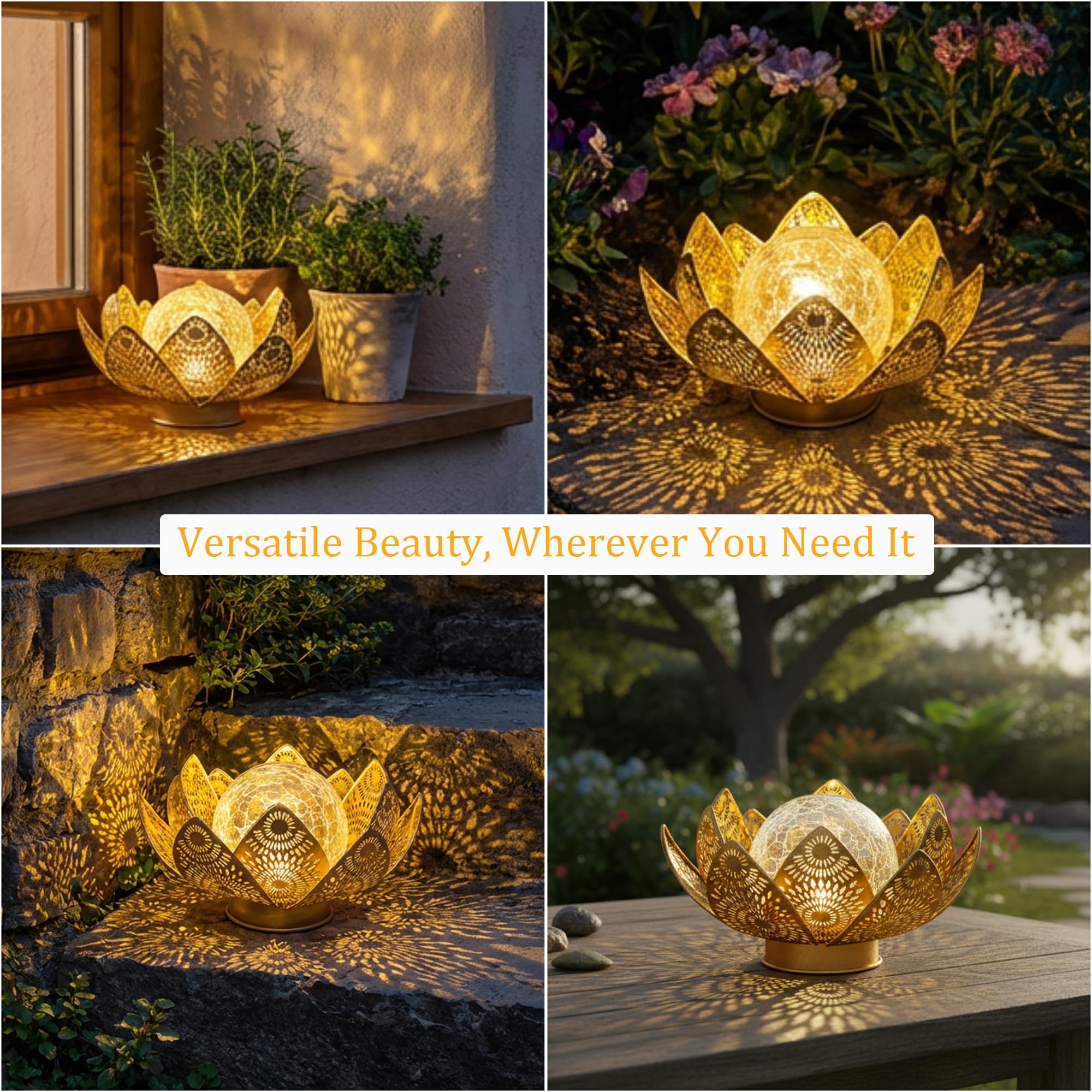 Solarleuchten für den Außenbereich, wasserdicht, IP65 – Lotusblumenlaterne mit Craquelé-Glas & Metallblüten, Gartendekoration für Terrasse, Weg, Rasen, automatisches Ein-/Ausschalten, Geschenk
