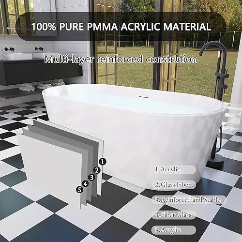 Miniatura 6 de Bañera independiente de 59 pulgadas, bañera independiente de acrílico puro, elegante y contemporánea, con certificación cUPC SY1550 (blanco