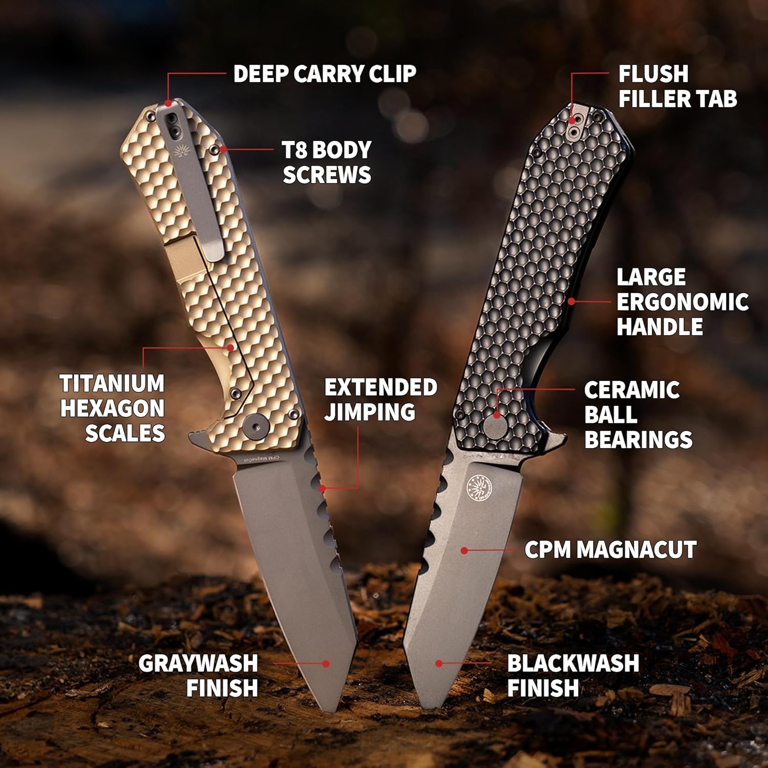 Off-Grid Knives - MAMBA V3, Large EDC Knife with MagnaCut Blade Steel, Titanium Scales and Hardware, Manual Ball Bearing Flipper, Four Finger Grip, Deep Pocket Carry (Coyote Gold)