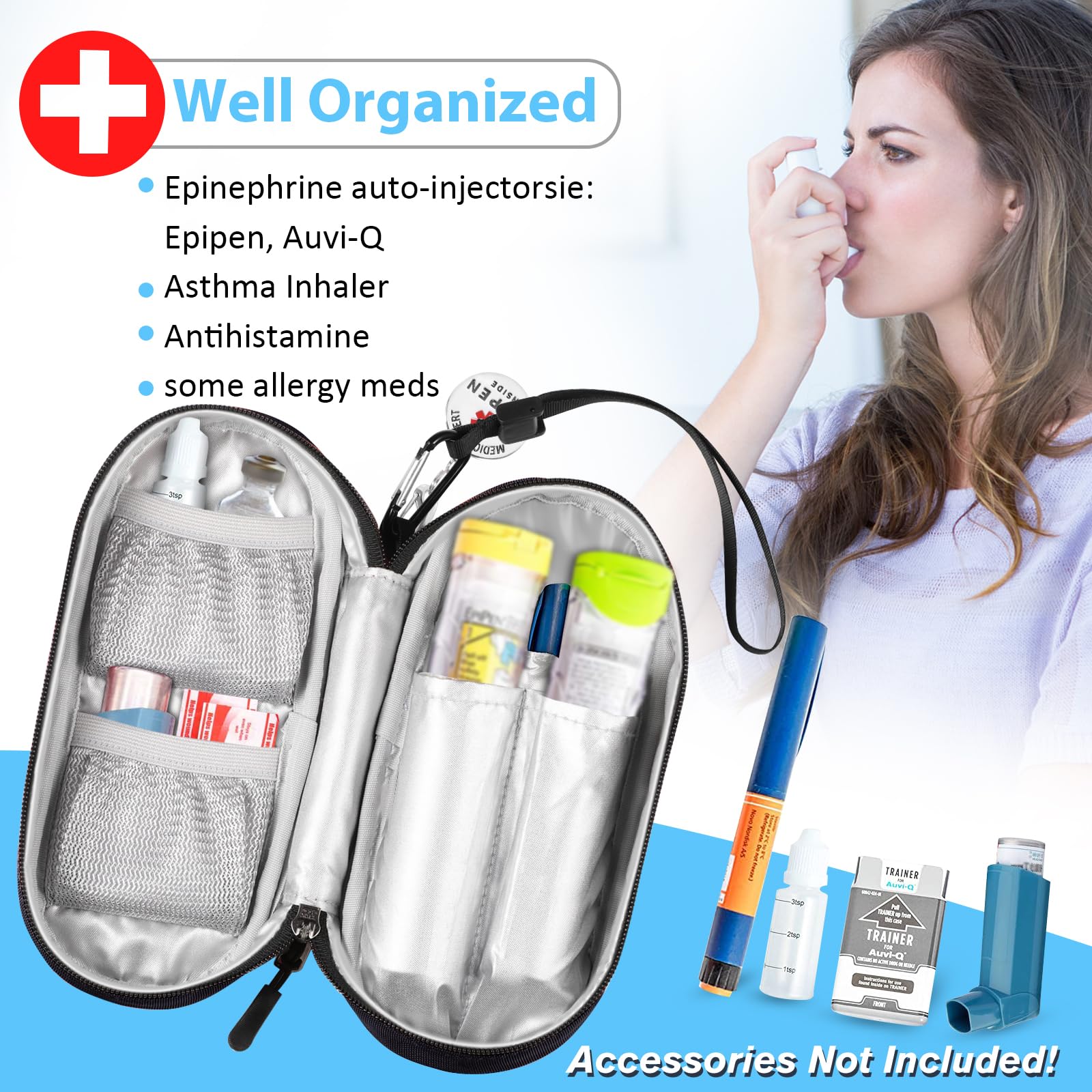 SITHON Sac à Médicaments avec EPIPEN Inside Étiquette d'alerte, Vide Trousse à Pharmacie Organisateur de médicaments Isotherme Portable pour 2 EpiPen pour Voyage l'extérieur (Noir)
