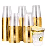 JOLLY CHEF 100 Pack 10 oz Gold Plastic Cups, Clear Plastic Glasses Tumblers, Elegant Gold Rimmed Disposable Cups Perfect for Weddings, Thanksgiving Day, Christmas