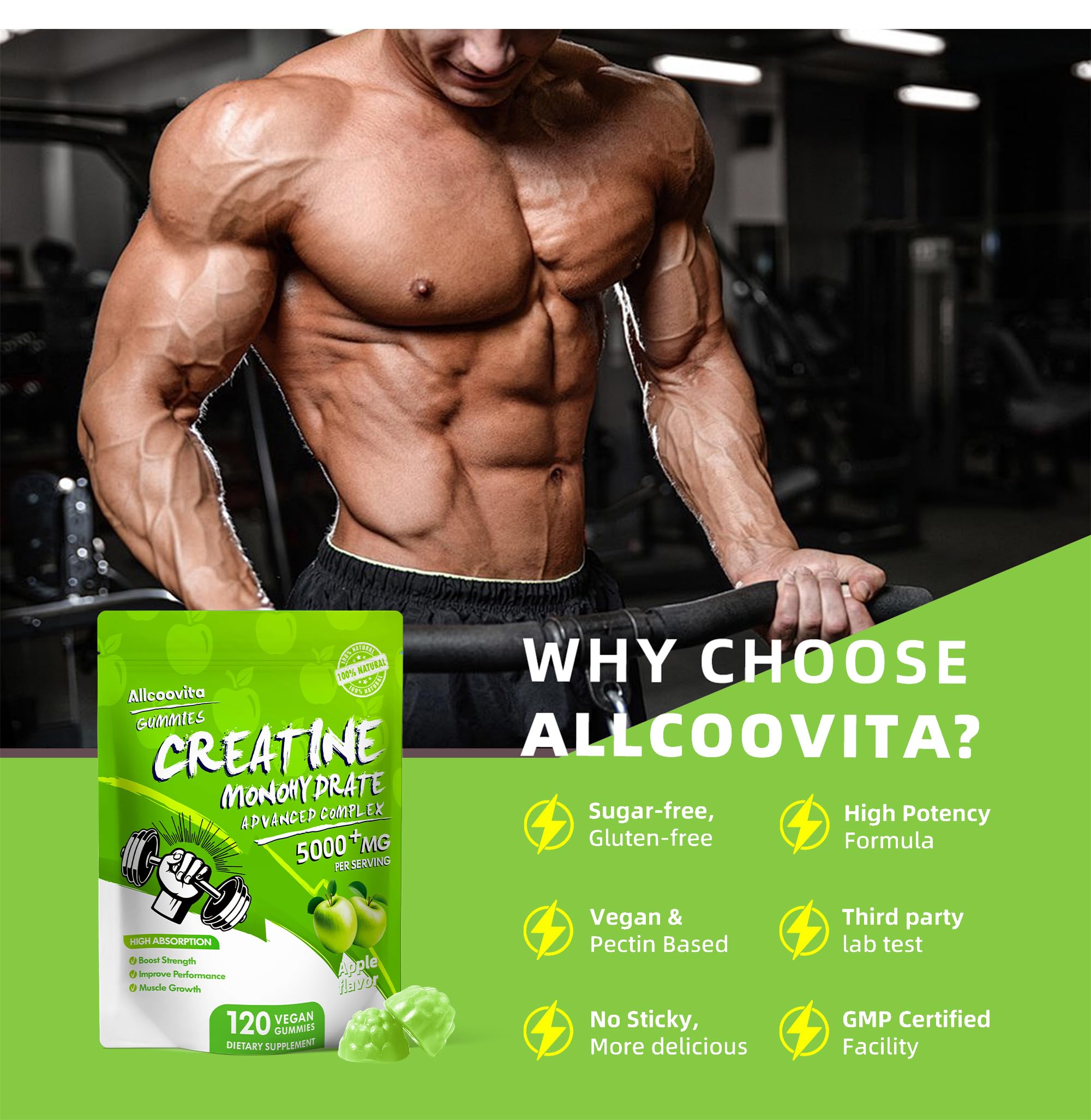 NSF Certified Creatine Gummy - Creatine Monohydrate Gummies 5000mg for Men & Women -120 Gummies Advanced Formula, Muscle Strength, Muscle Builder, Energy Boost, Pre-Workout Supplement-Apple — Amazon image 8