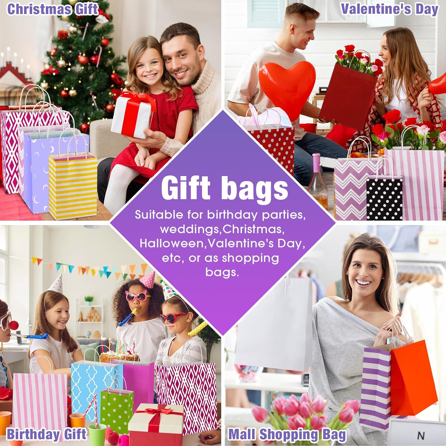 Kosiz 36 Pcs Assorted Sizes Gift Bags Bulk with Handle Assortment Different Size Paper Party Favor Bag for Wedding Birthday Mother Day Wedding Holiday Office, 8.3" Small, 10.2" Medium, 12.6" Large