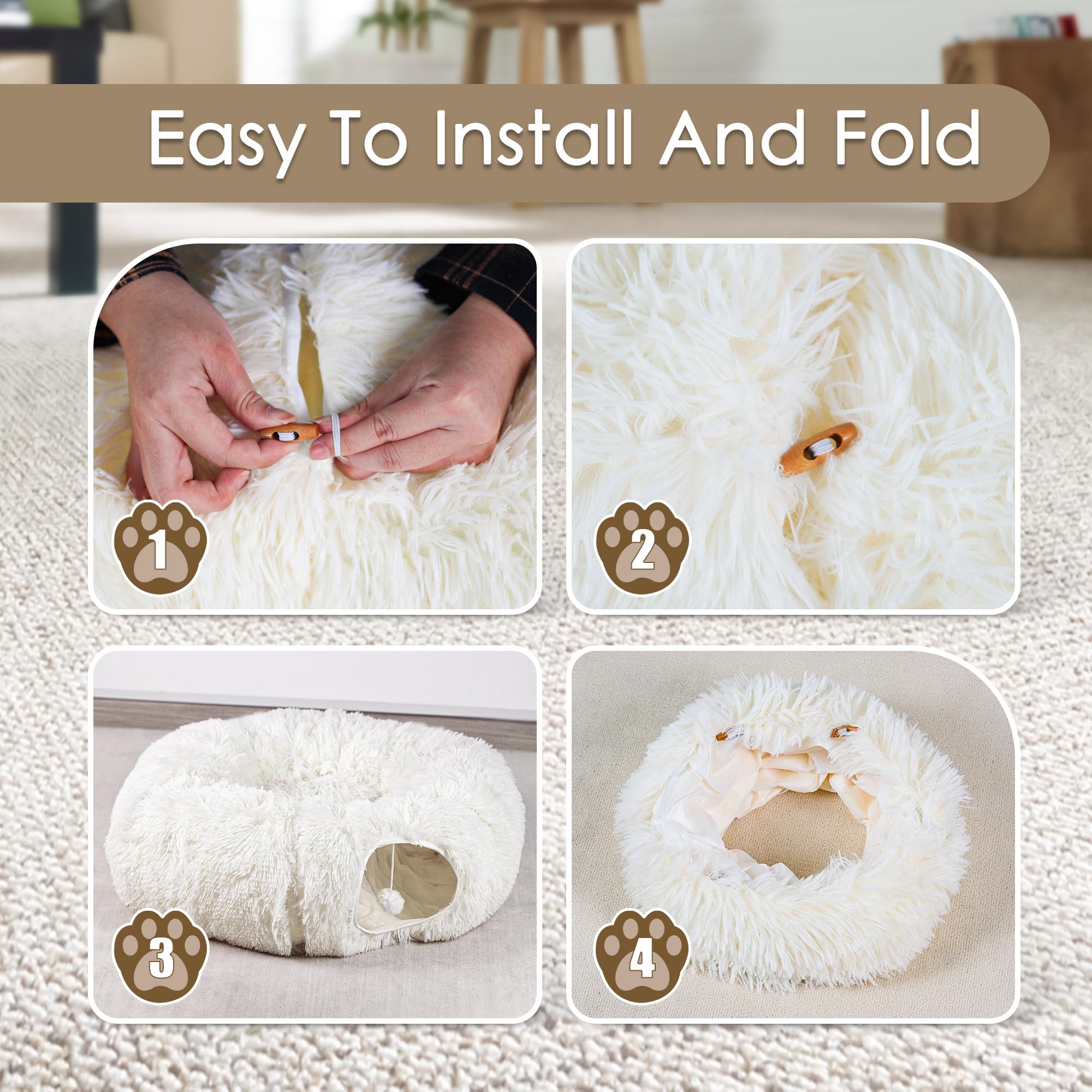 Catasaurus Peekaboo - Cama tipo túnel para gatos de interior, con alfombrilla de juego suave lavable, tubo peludo, para gatito/cachorro/conejo, beige-N