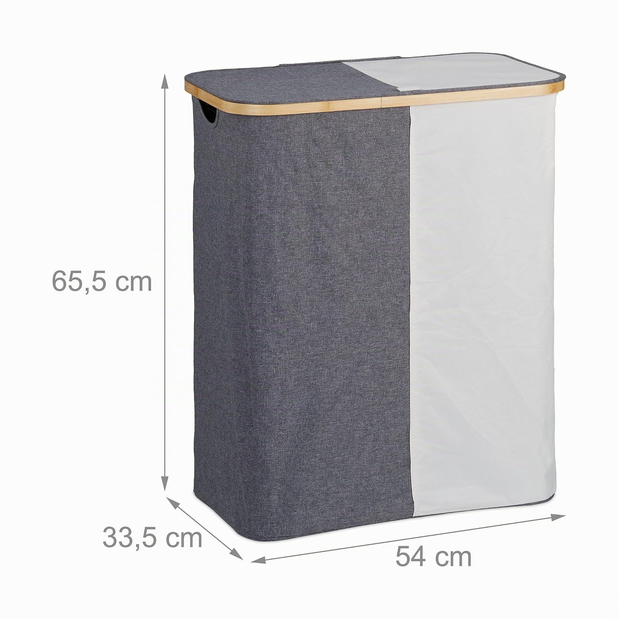 Relaxdays Cesto Portabiancheria con Coperchio, 110 L, con 2 Scomparti, in bambù e Poliestere Sacco a Rete, Grigio Bianco