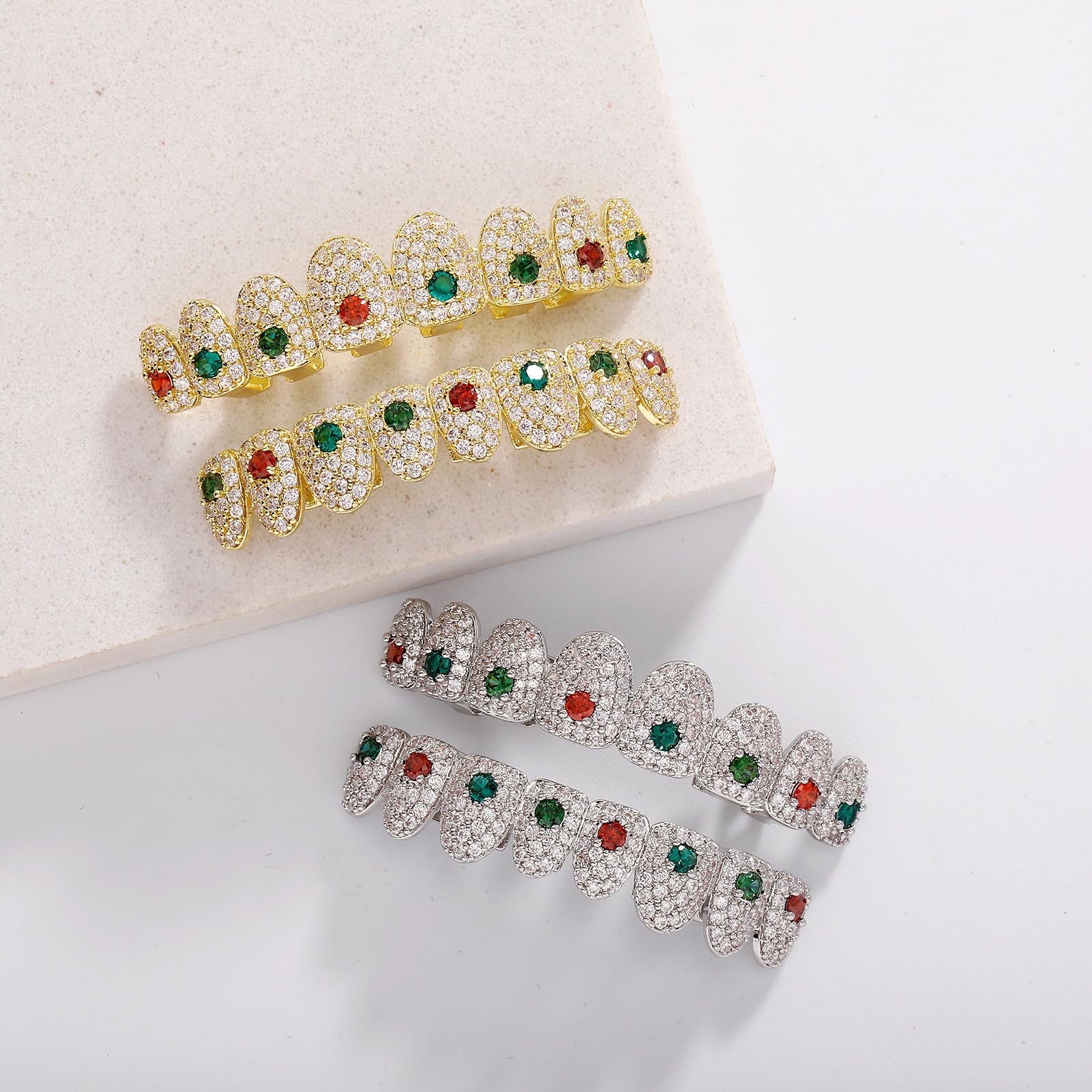 Iced Out Grillz dla mężczyzn i kobiet – hip-hopowe akcesoria do zębów w srebrnym i złotym stylu, ustnik do kostiumu rapera, z silikonowymi listwami, idealny do górnych zębów, stylowa błyszcząca moda