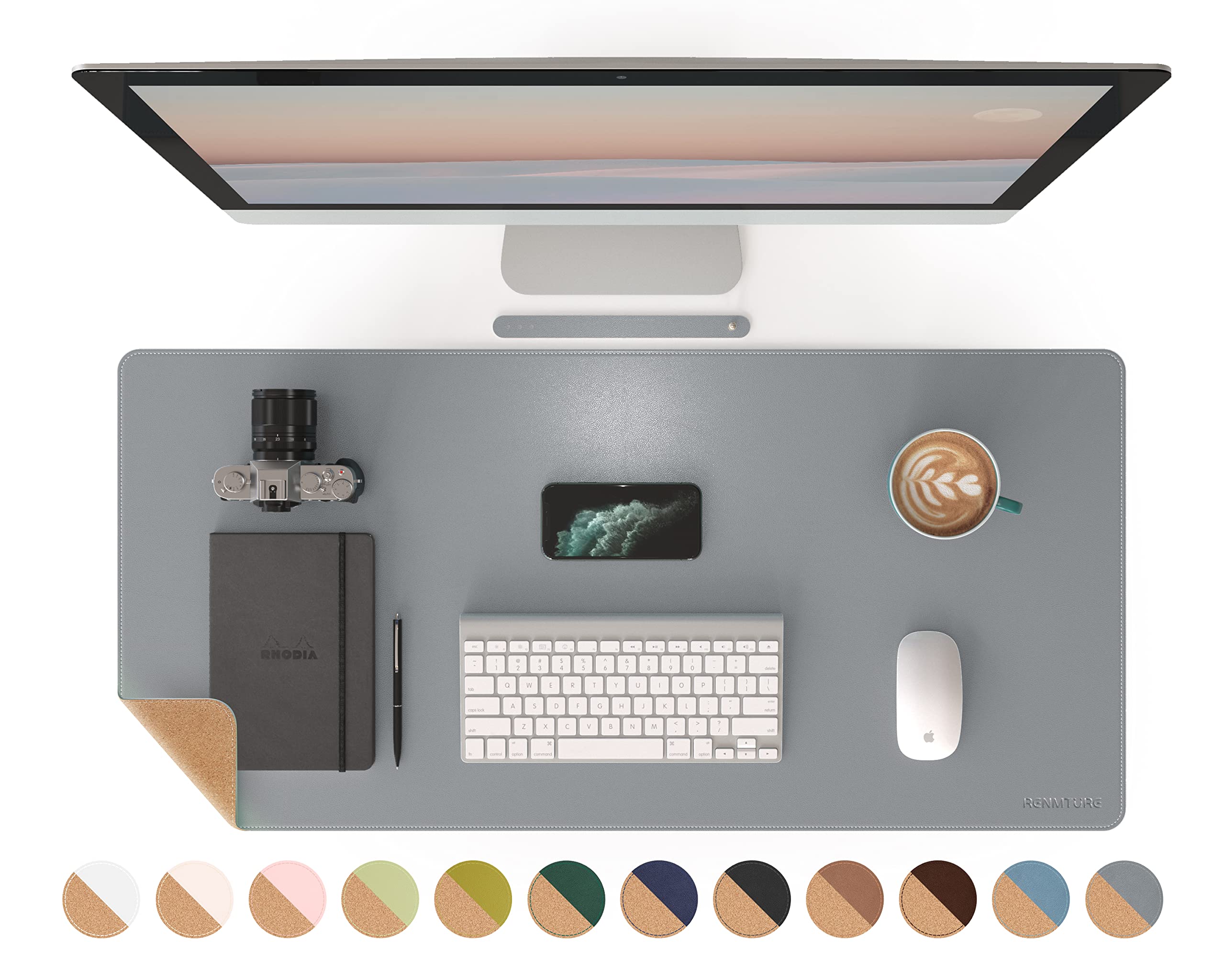 RENMTURE Dual-Sided Mouse Pad, Natural Cork & PU Leather Large Desk Pad for Office and Home Work, Desk Protector Non-Slip, Waterproof, Easy Clean (Gray, 36"x17") — image 1
