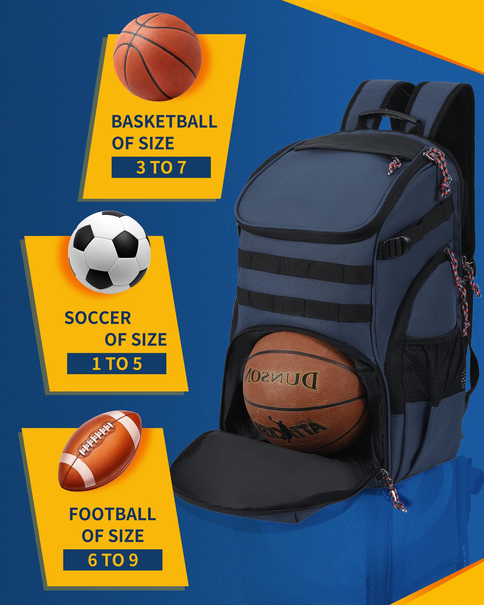 TRAILKICKER Plecak do piłki nożnej 40 l, torba do koszykówki z przegrodą na piłkę i torba na buty, sport, sprzęt na siłownię, plecak torba do koszykówki, piłki nożnej, prezenty na siłownię, granatowy