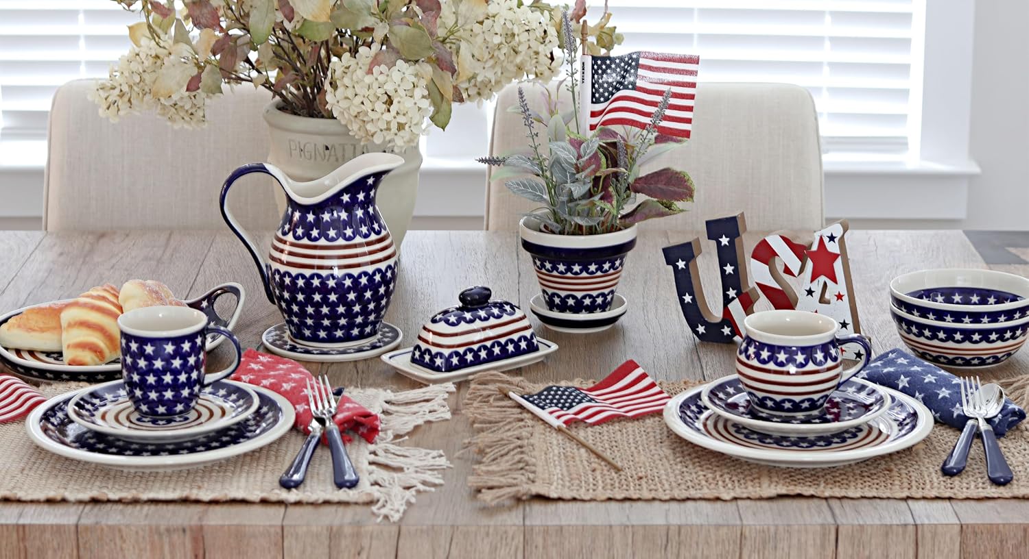 Blue Rose Polish Pottery - Blue Stars & Stripes Cereal/Soup Bowl - 6.7" Diameter - Great Bowl for Everyday Dinnerware, Casual Dinnerware, or Formal Dining