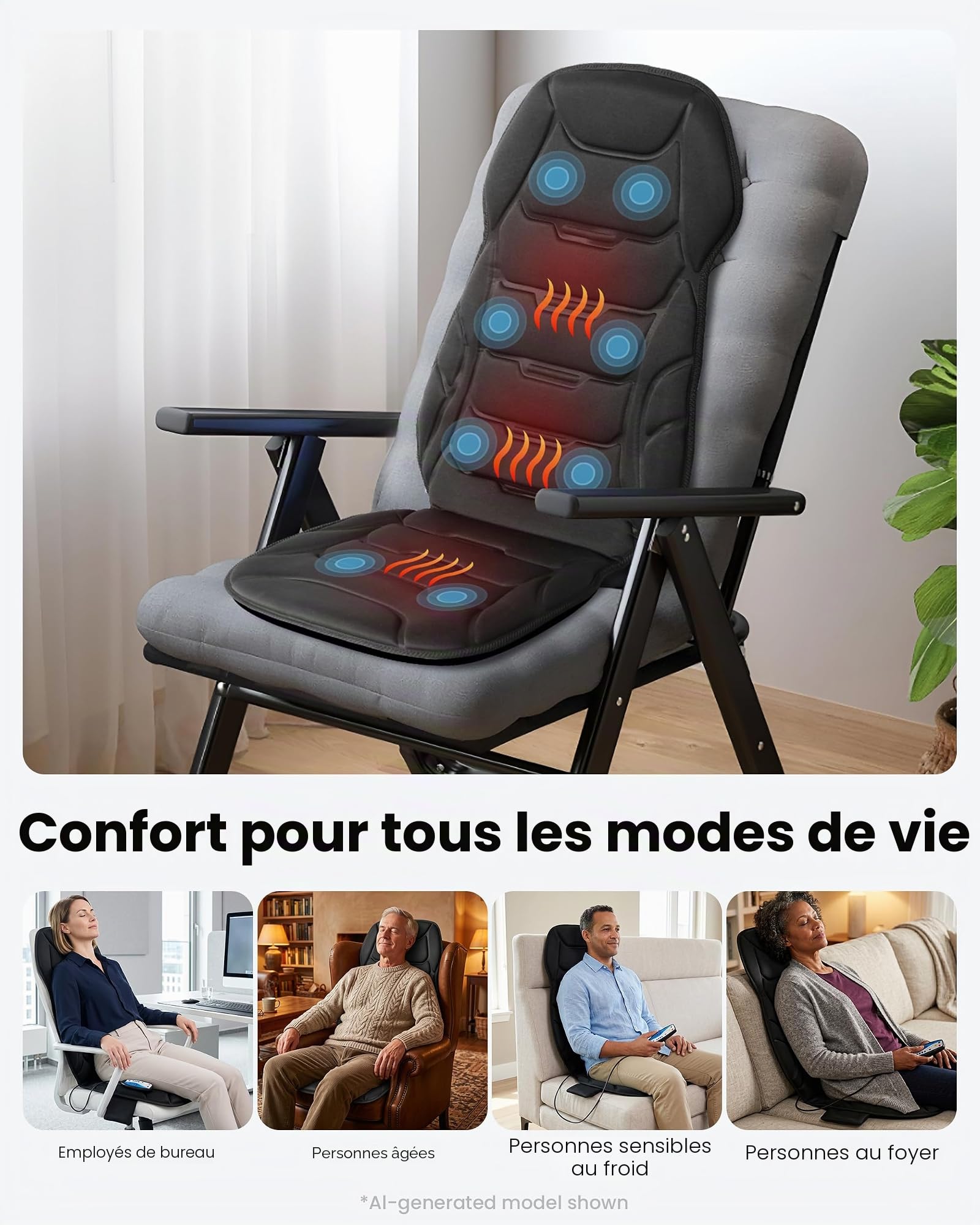 COMFIER Housse de siège de massage chauffante, tapis de massage vibrant pour le dos et la nuque, coussin relaxant