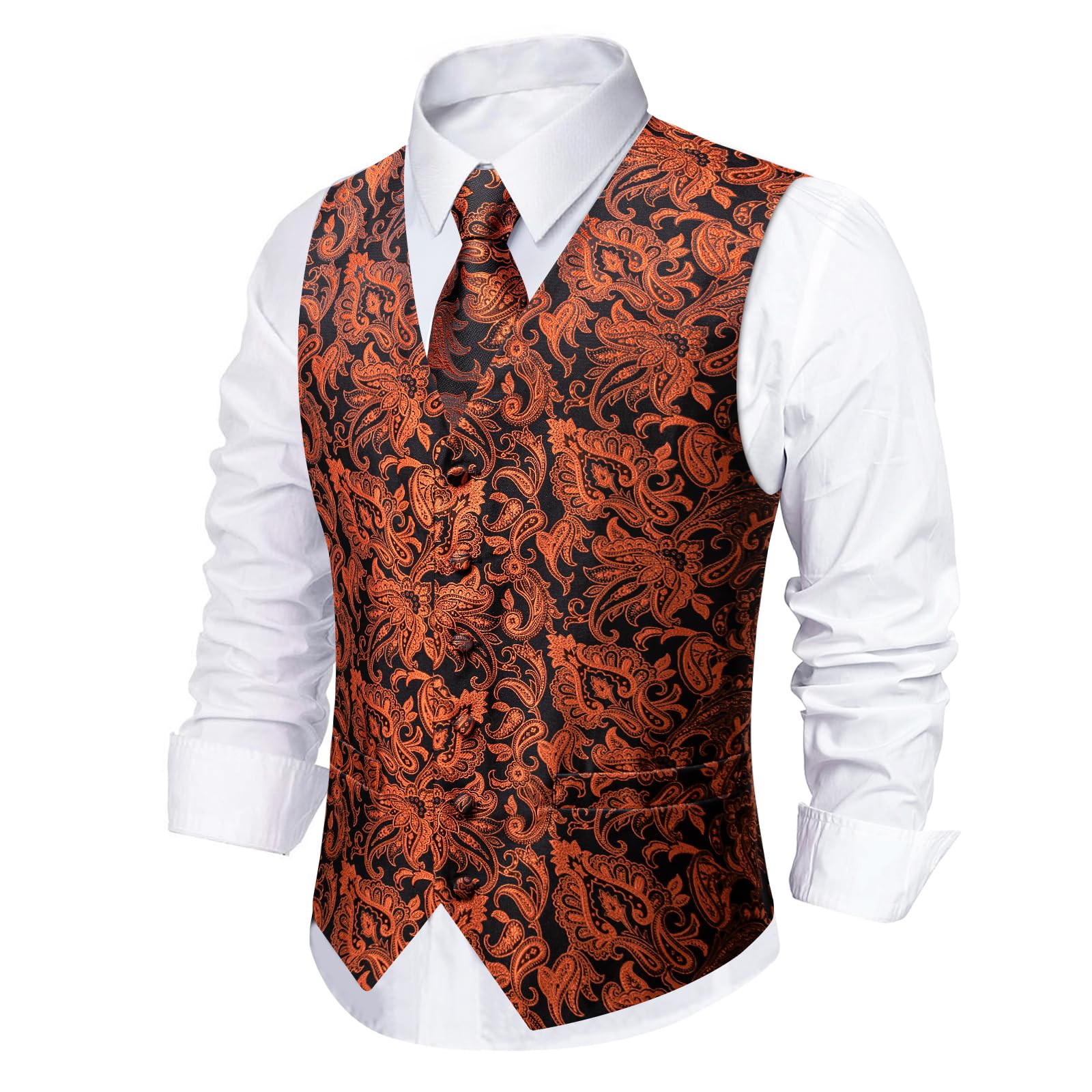 YourTies Gilet pour homme en soie jacquard floral cachemire gilet cravate poche carré boutons de manchette pince à cravate mariage formel