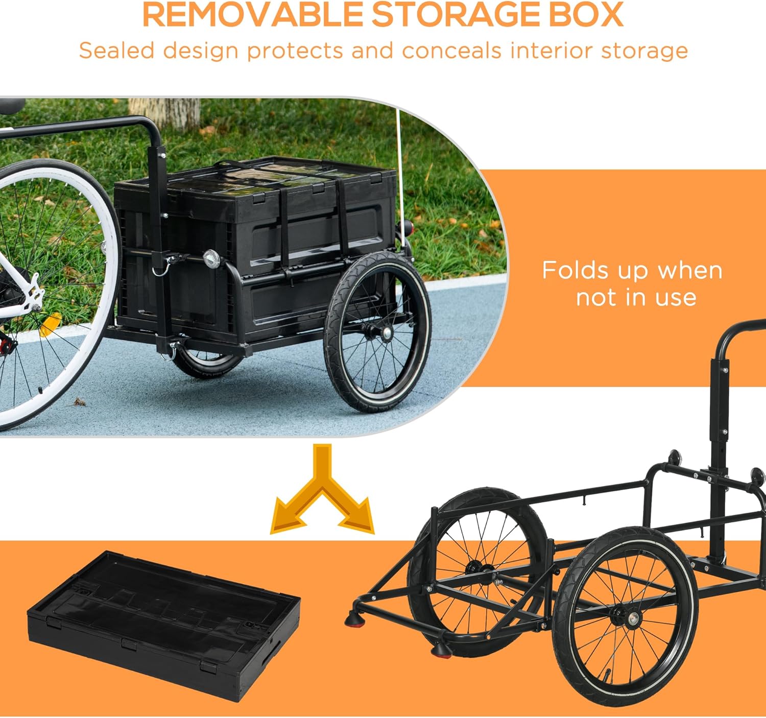 Image showing the removable and foldable 65L storage box, with an arrow indicating it can be folded flat for storage.