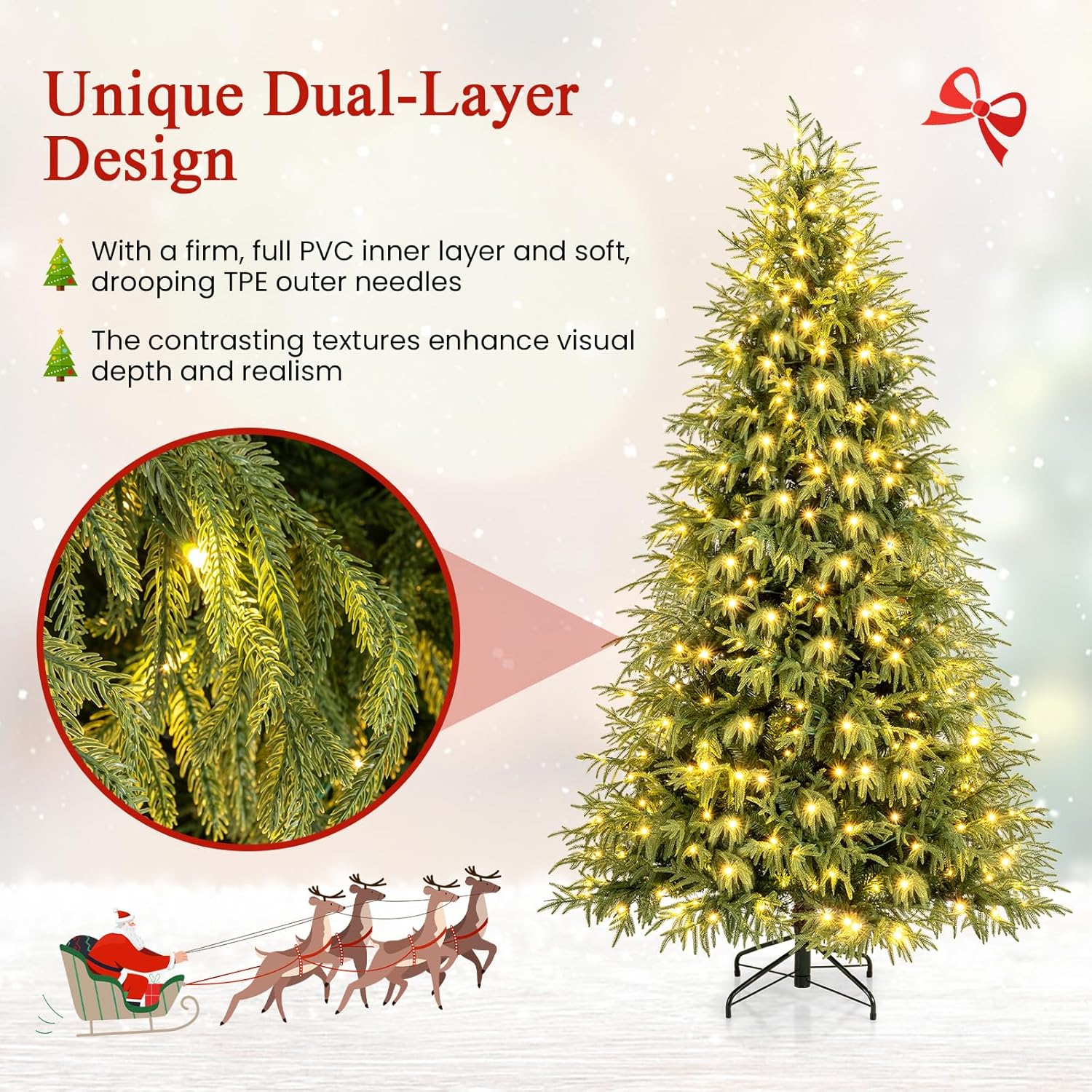 Goplus 7 FT Pre-Lit Artificial Christmas Tree, Hinged Faux Xmas Tree with 1217 Soft TPE & PVC Mixed Branch Tips, 400 Warm White LED Lights, Foldable Metal Stand, Holiday Party Home Office Decoration