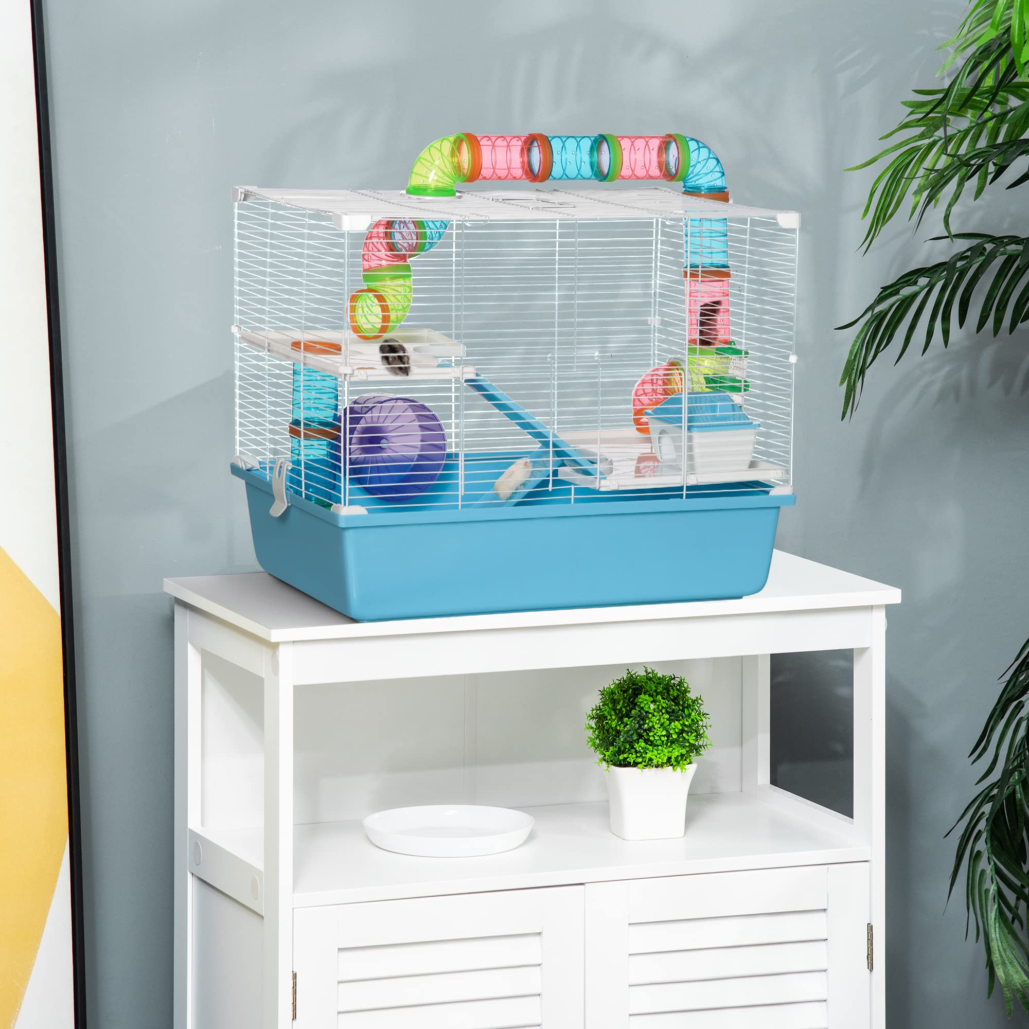 PawHut Cage pour rongeurs et Hamsters 3 Niveaux avec Tunnel, Bouteille d'eau, Roues, Maison, échelle dim. 59L x 36l x 47H cm - 3