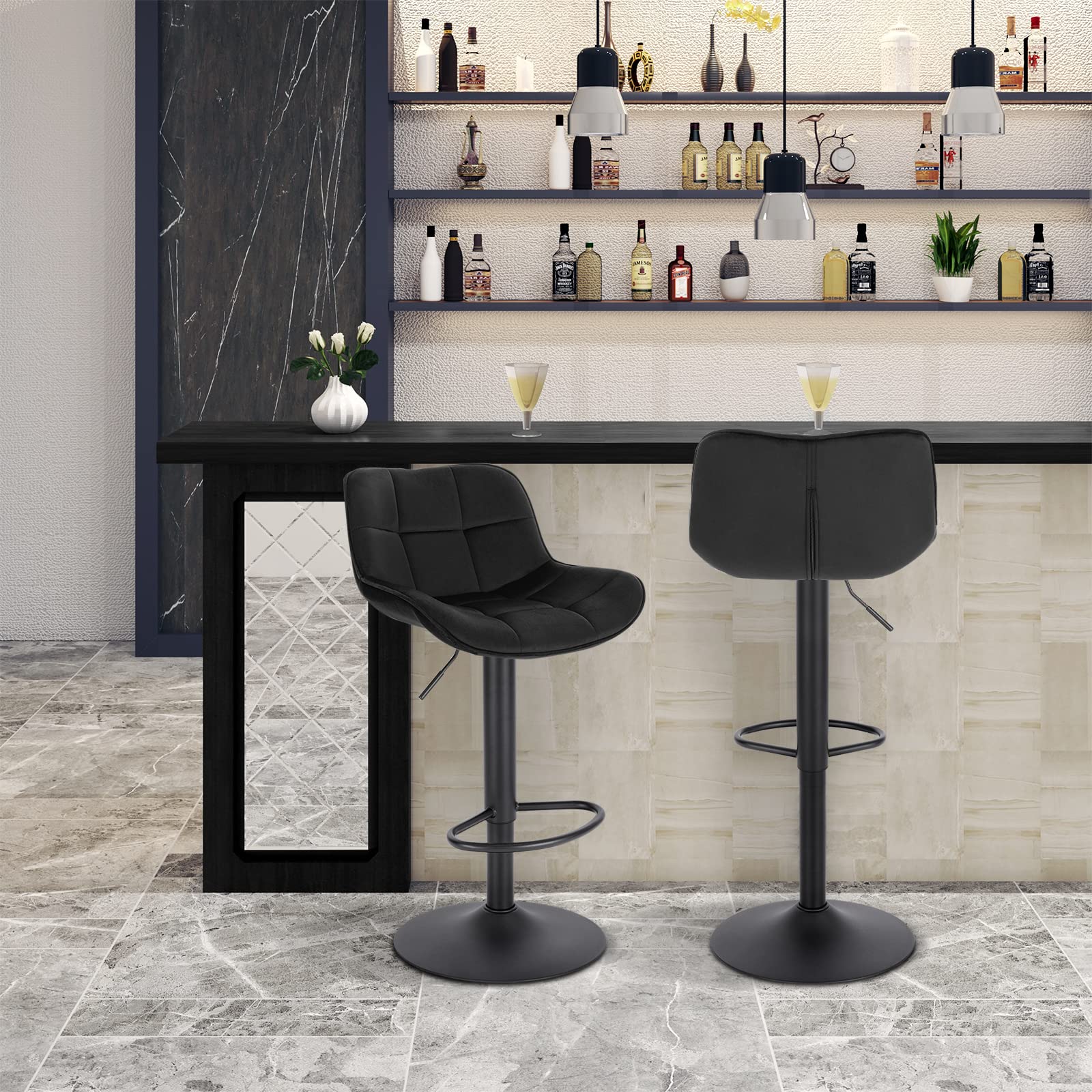 EUGAD Taburetes de Bar Giratorio con Respaldo y Reposapies, Negro | Taburetes Altura Ajustable 60-81,5 cm, para Bar y Cafetería, Terciopelo