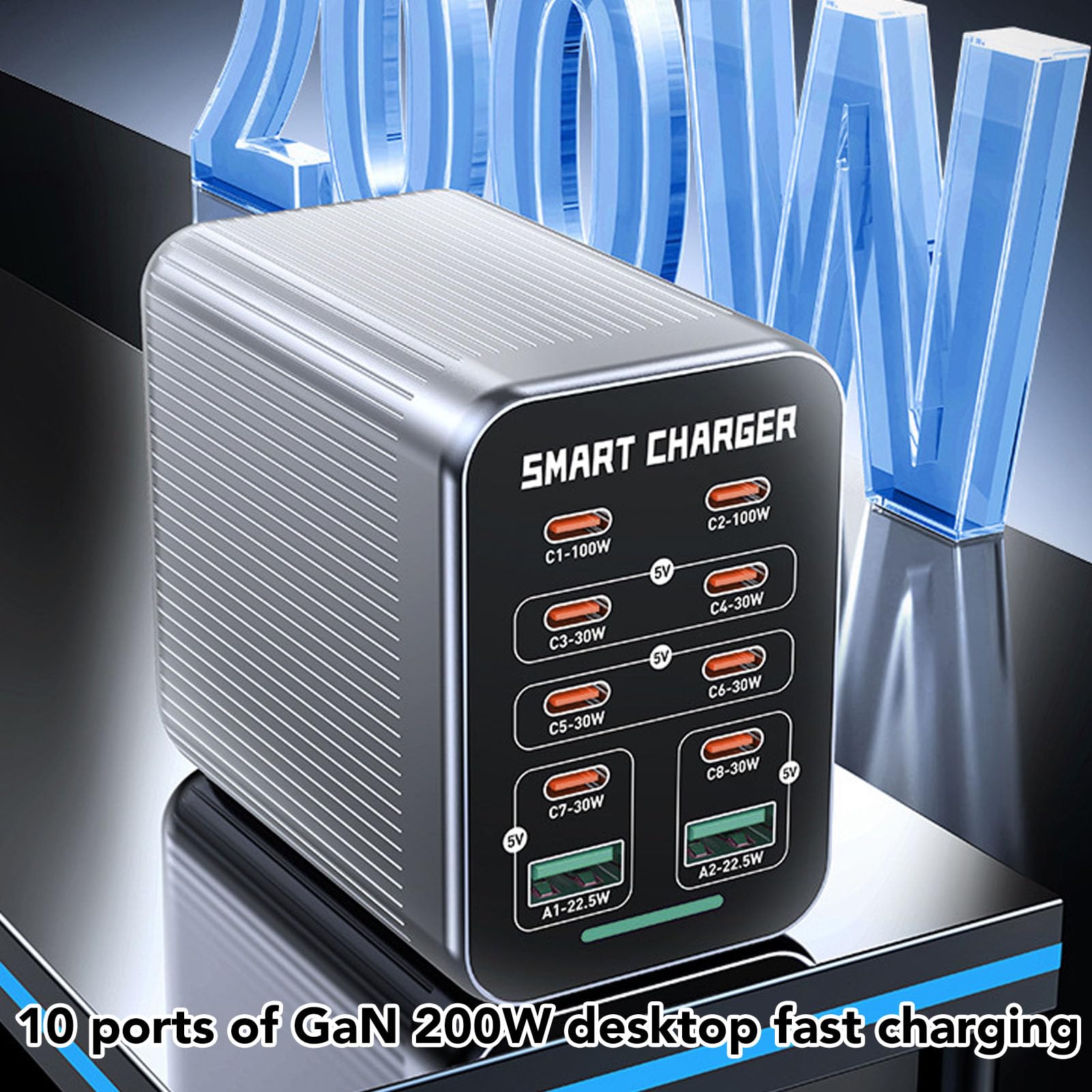 Cryfokt Station de Chargeur PD QC, Hub de Charge Rapide 200 W, GaN Tech, Chargeur de Bureau 10 en 1, 2 Ports QC3.0/8 PD, Mural 6 Ports avec Cordon de 1,5 M, Adaptateur de (Prise UE)