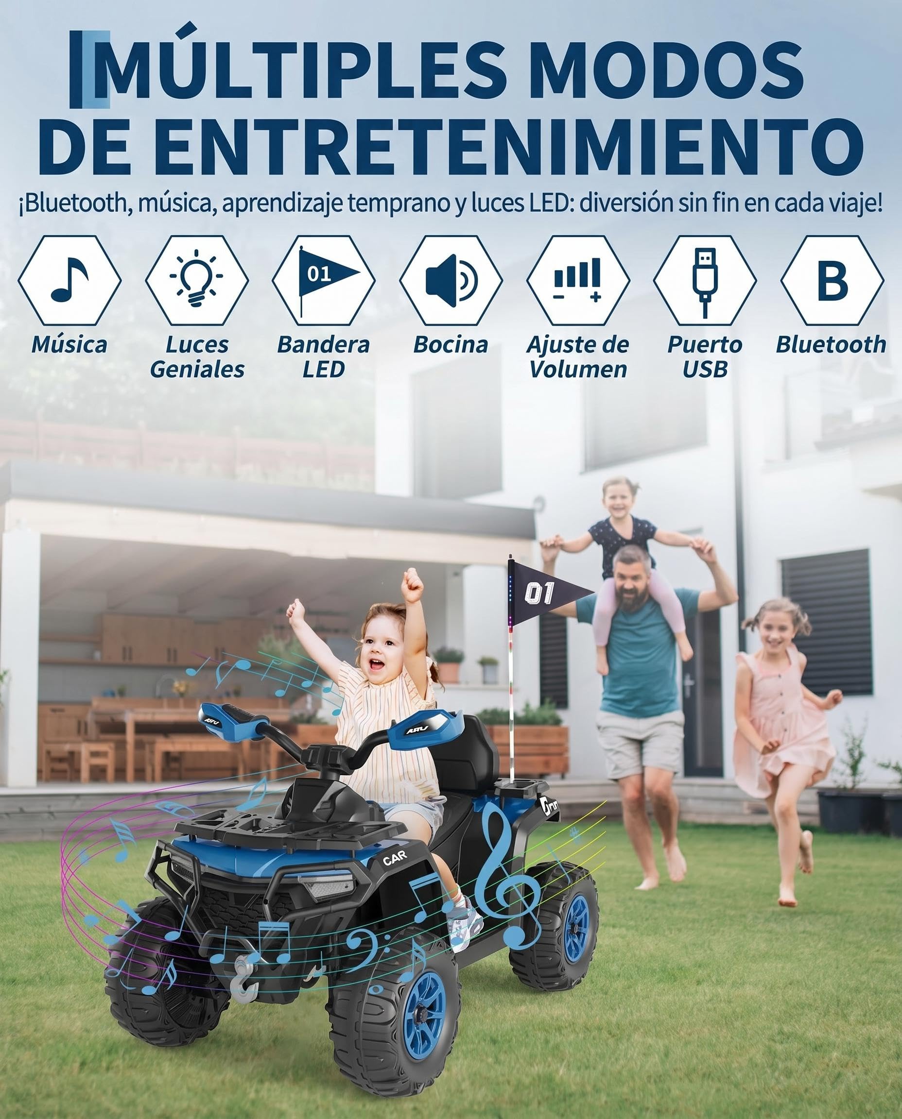 Garvee Quad Eléctrico Niño 12V, Coche Eléctrico 4 Ruedas Todoterreno con 2 Motores, Mando Parental, Azul Marino