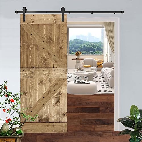 Miniatura 7 de Ancho personalizado 20-48 pulgadas de altura 84 pulgadas, diseño 3 en 1, puerta corrediza de granero de madera con herrajes y asa incluidos, fácil