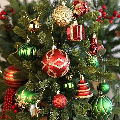 Miniatura 3 de Juego de 75 adornos navideños rojos y verdes - Kit de bolas inastillables para decoración de árbol de Navidad con estrella para coronar el árbol,