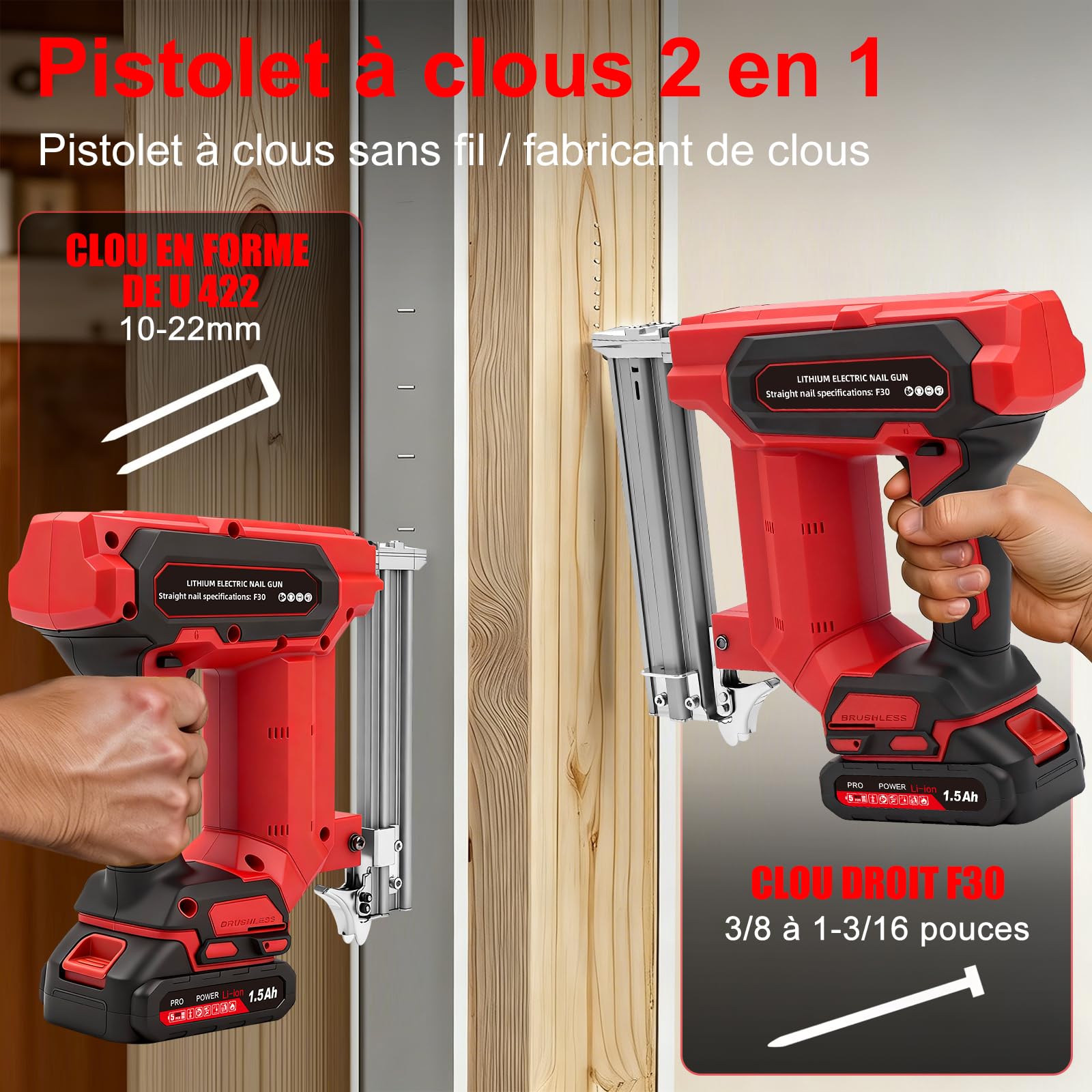 Cloueuse Electrique Sans Fil 21V avec 2 Batteries 1.5Ah, 1000 Clous/Agrafes | 2 en 1 Cloueur-Agrafeuse pour Tapisserie, Travail du Bois