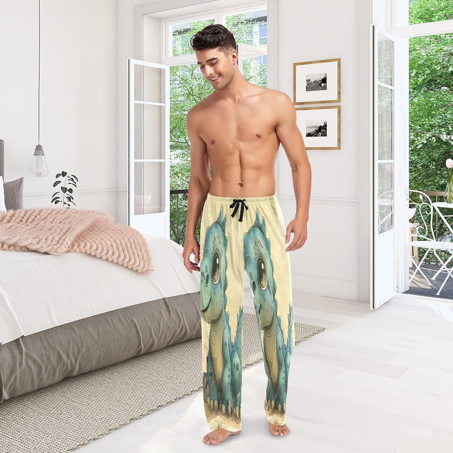 ALAZA Dino Cute Dinosaur Men's Pajama Pants Men Cotton Pajama Bottoms with Pockets, S