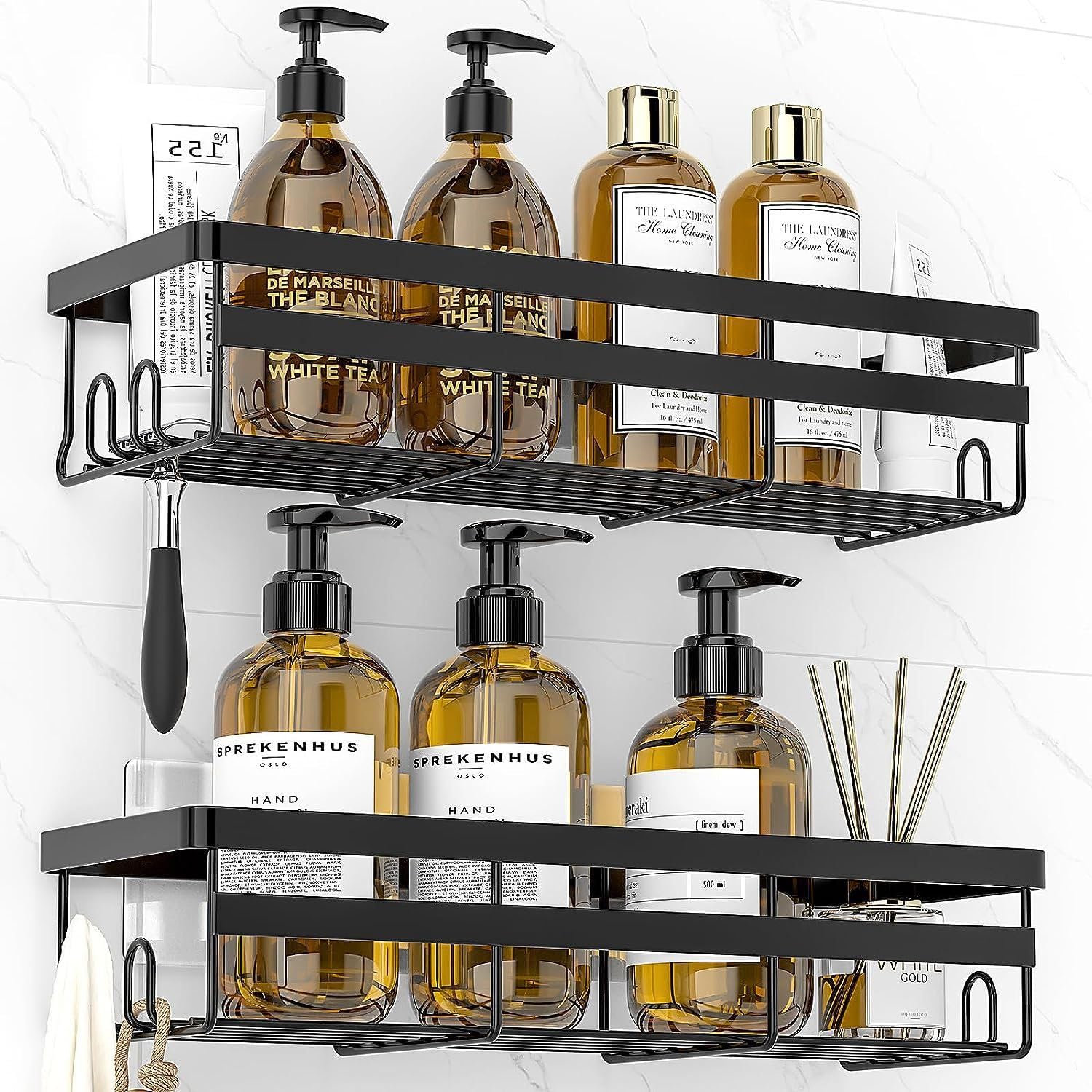 Moforoco Bathroom Organiser Without Drill | Bathroom Accessories with Hooks | Self Adhesive Bathroom Shelf for Wall | Washroom Organiser Made of Strong Quality Metal (Black-Pack of 1) (B0D9LLJ7ZV) Amazon Price History, Amazon Price Tracker