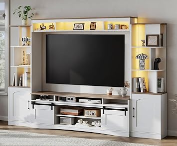 101" W Modern Wall Unit Entertainment Center for TVs up to 75", LED TV Stand Wall Unit with Sliding Doors, Spacious Minimalist Media Console with Adjustable Shelf and Cabinets for Living Room, Bedroom