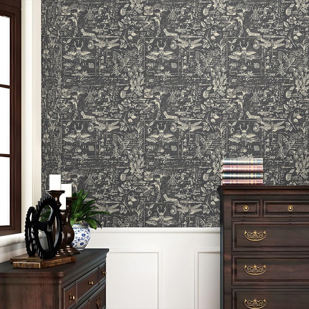 REDAMANCY Ash Black Grey Insects Animals Speimen Sketch Abstract Art Modern Peel and Stick Wallpaper Stick on Contact Paper Wall Paper Easy Peel Off for nightstand Drawer Cabinet Renter