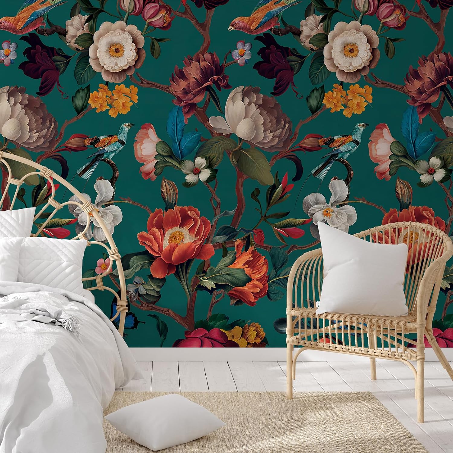 Zeeko Blue Floral Mural Peel and Stick Wallpaper Removable Vintage Wallpaper Large Art Decor for Bedroom Livingroom Home 118'' x 65''