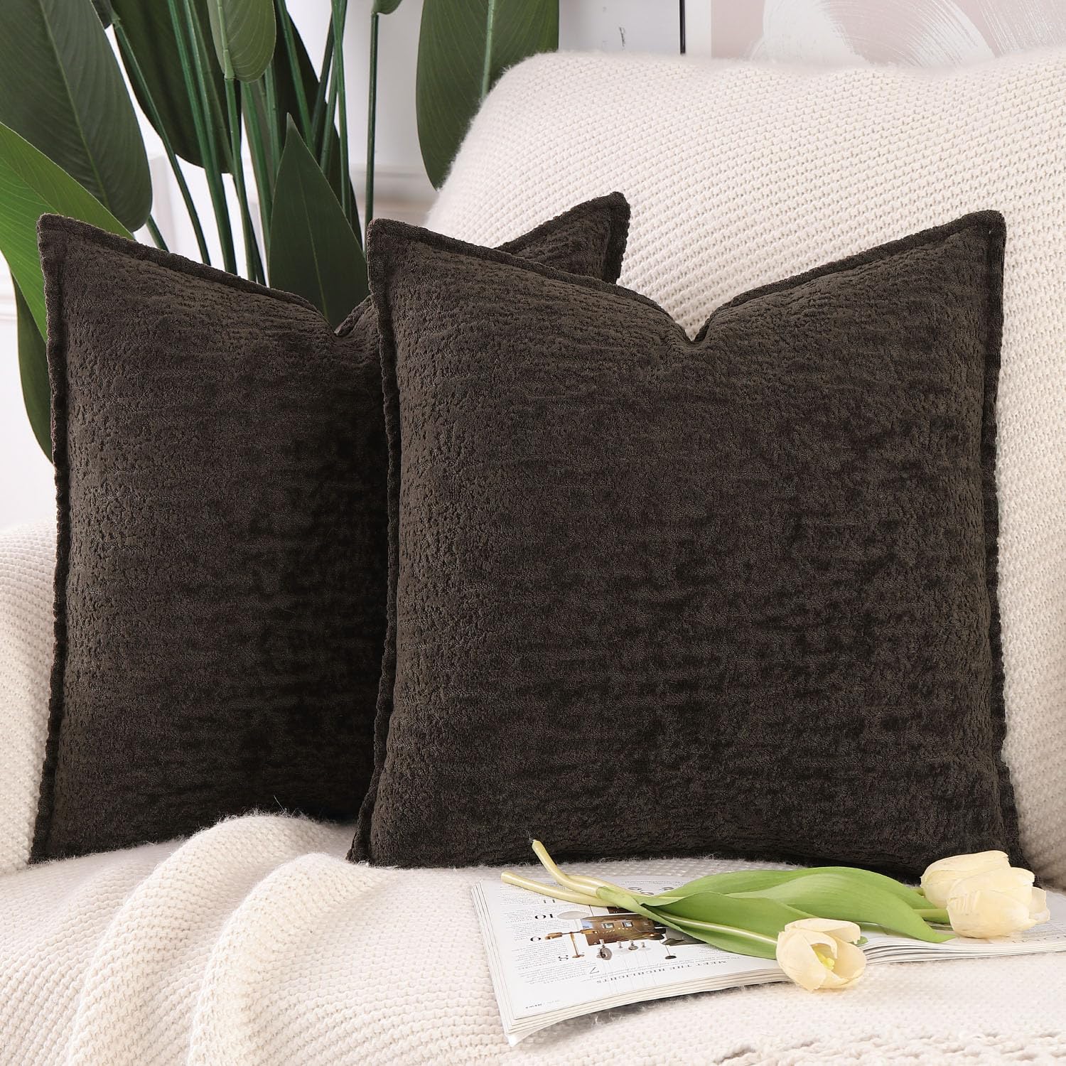 Madizz Pack of 2 Chenille Velvet Cushion Covers 40x40 cm Dark Taupe Soft Neutral Decorative Throw Pillow Covers Accent Boho Pillowcases for Couch Sofa Modern Farmhouse Home Decor