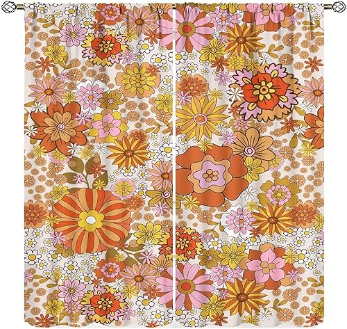 Miniatura 7 de YCness Cortinas florales retro de los años 70, estampado bohemio de flores hippie primaverales, tratamientos de ventana para el hogar, dormitorio