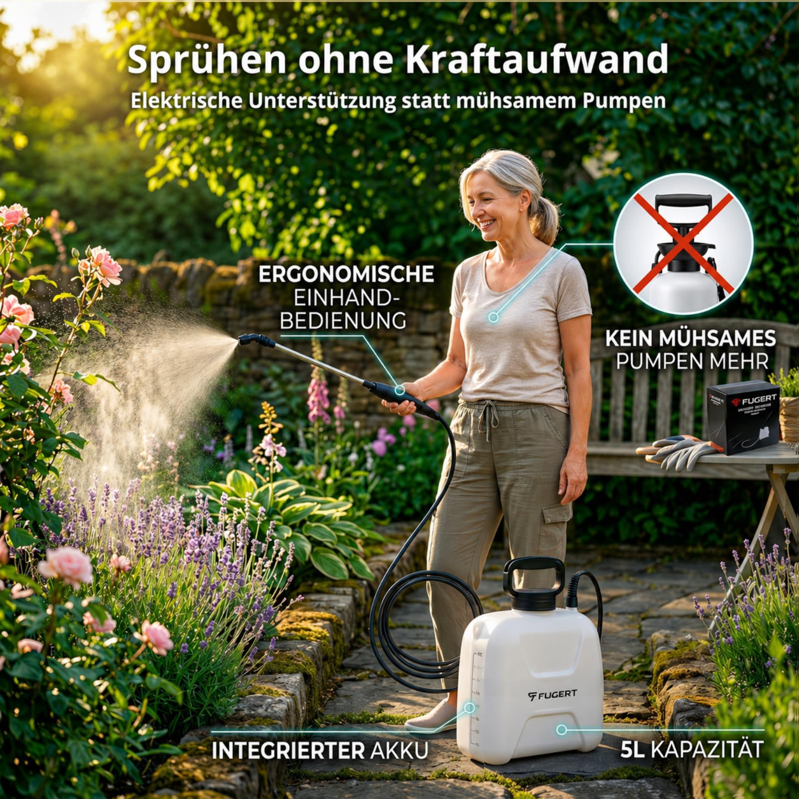 Akku Drucksprüher, elektrischer Gartensprüher mit USB-C, 3,5 Bar, Pflanzensprüher mit Teleskoplanze 27–49,5 cm, 5 Düsen, Schultergurt, Gartenspritze für Garten & Pflanzen (5L)