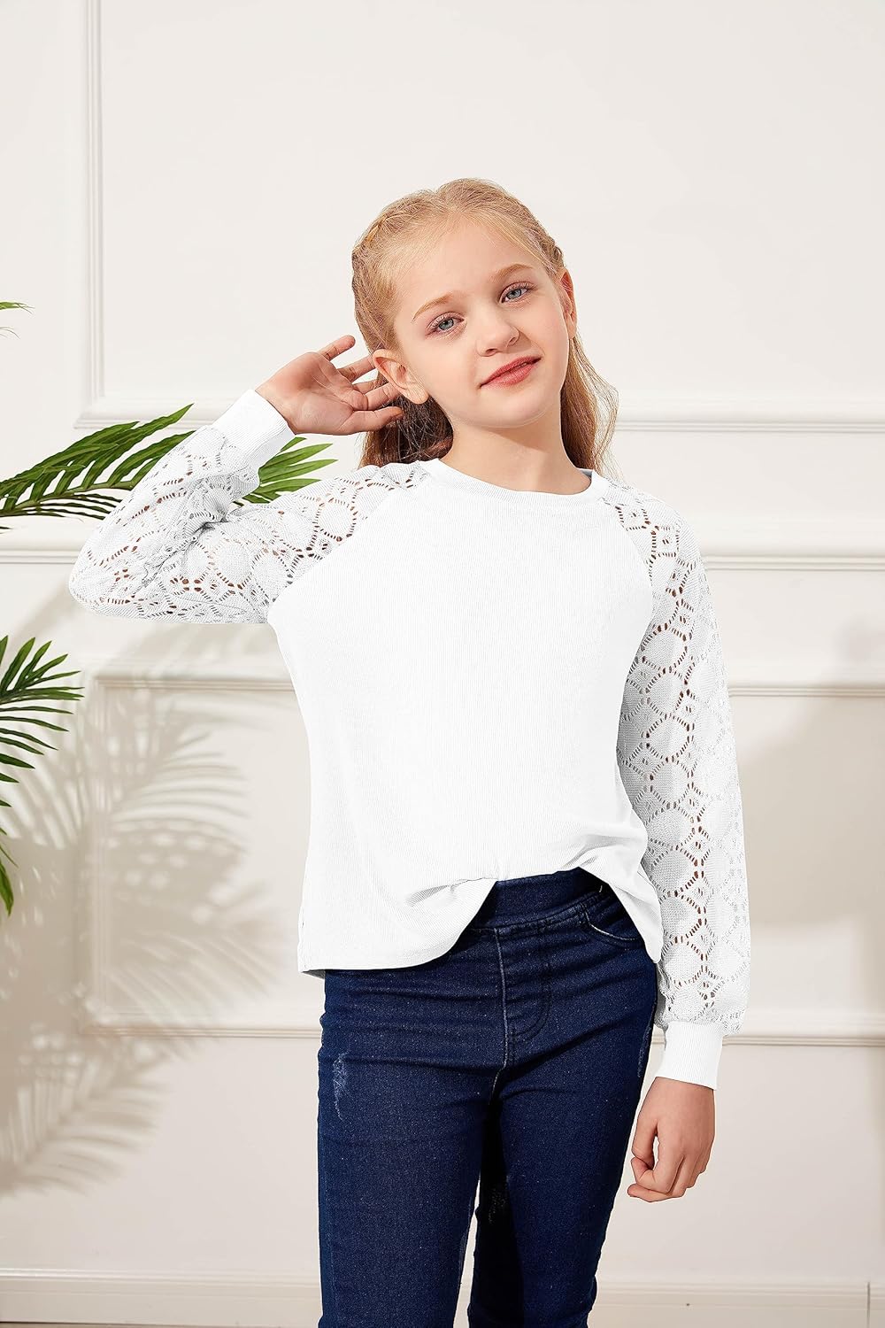 Batermoon Girls' Long Sleeve Shirts Lace Loose Fit Casual Crewneck Blouses Tops 5-14 Years - Image 3
