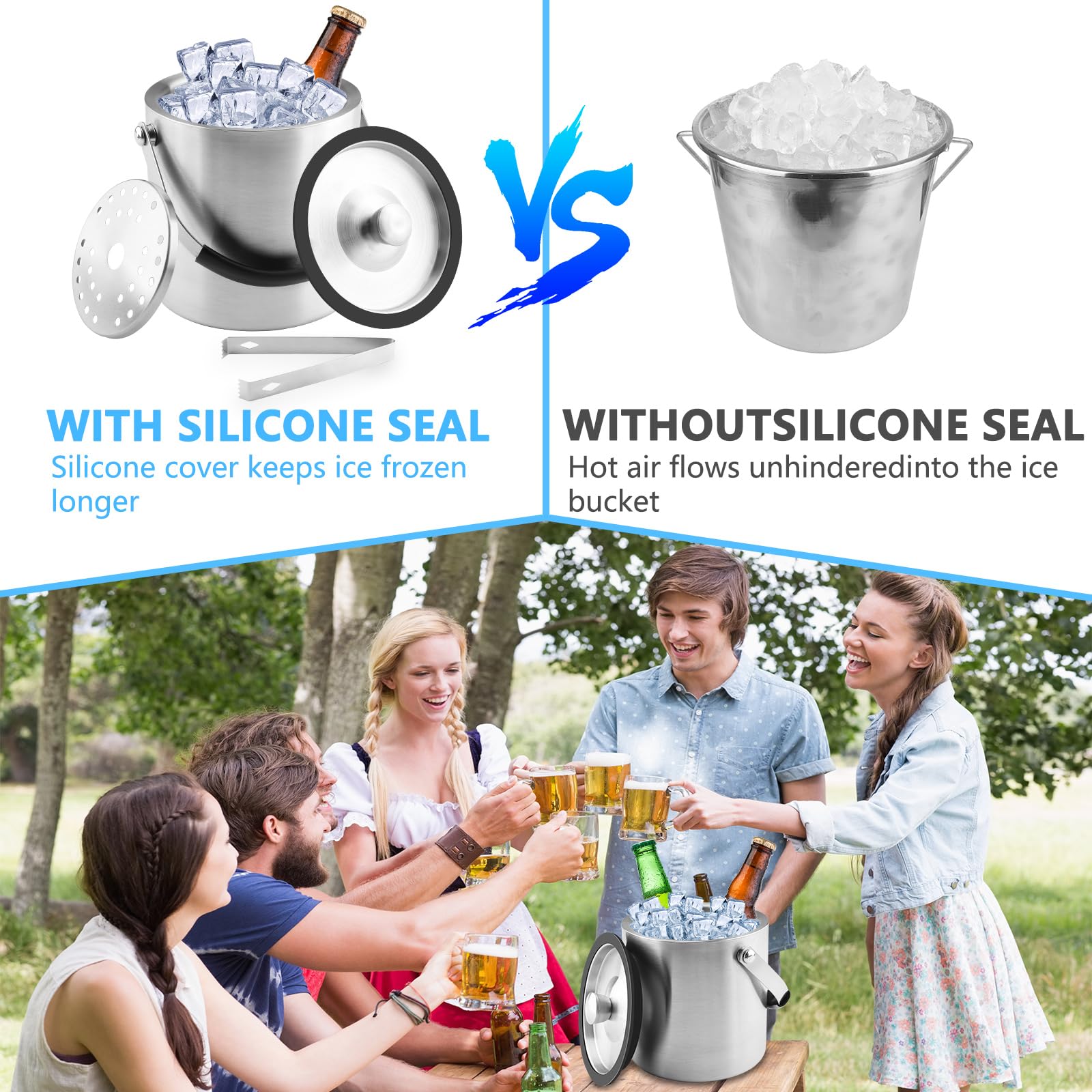 1.6L Cubitera Acero Inoxidable, Cubiteras para Hielo Grande con Diseño de Doble Pared, Cubitera con Tapa, Clips y Filtros Enfriadora de Botellas, para Bar de Cócteles, Fiestas, Champán