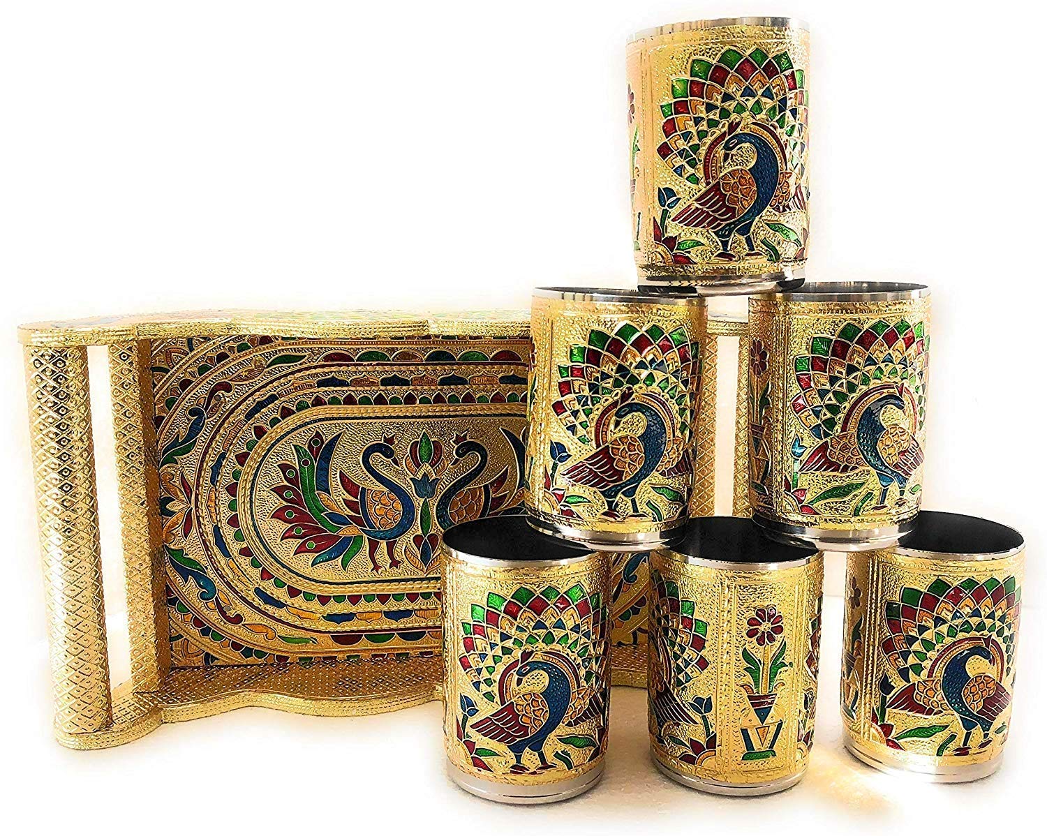 Navrang Meenakari Peacock Design Glass with Handle and Handicraft Serving Tray Set, 12 x 7 x 3.5 Inch Wooden Golden Meenakari Tray
