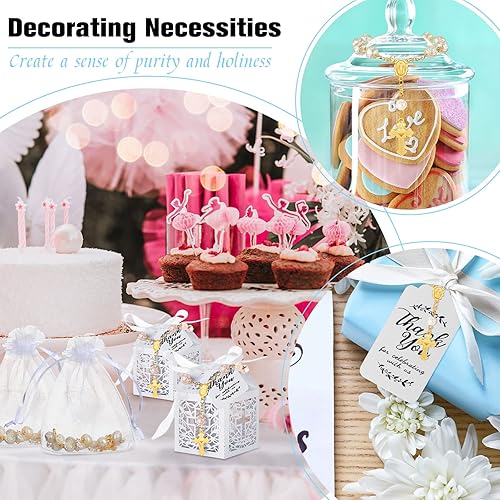 Miniatura 12 de El juego de 100 recuerdos de bautismo incluye 25 piezas de mini rosario, cajas de regalo de bautismo cortadas con láser, bolsas de organza blanca