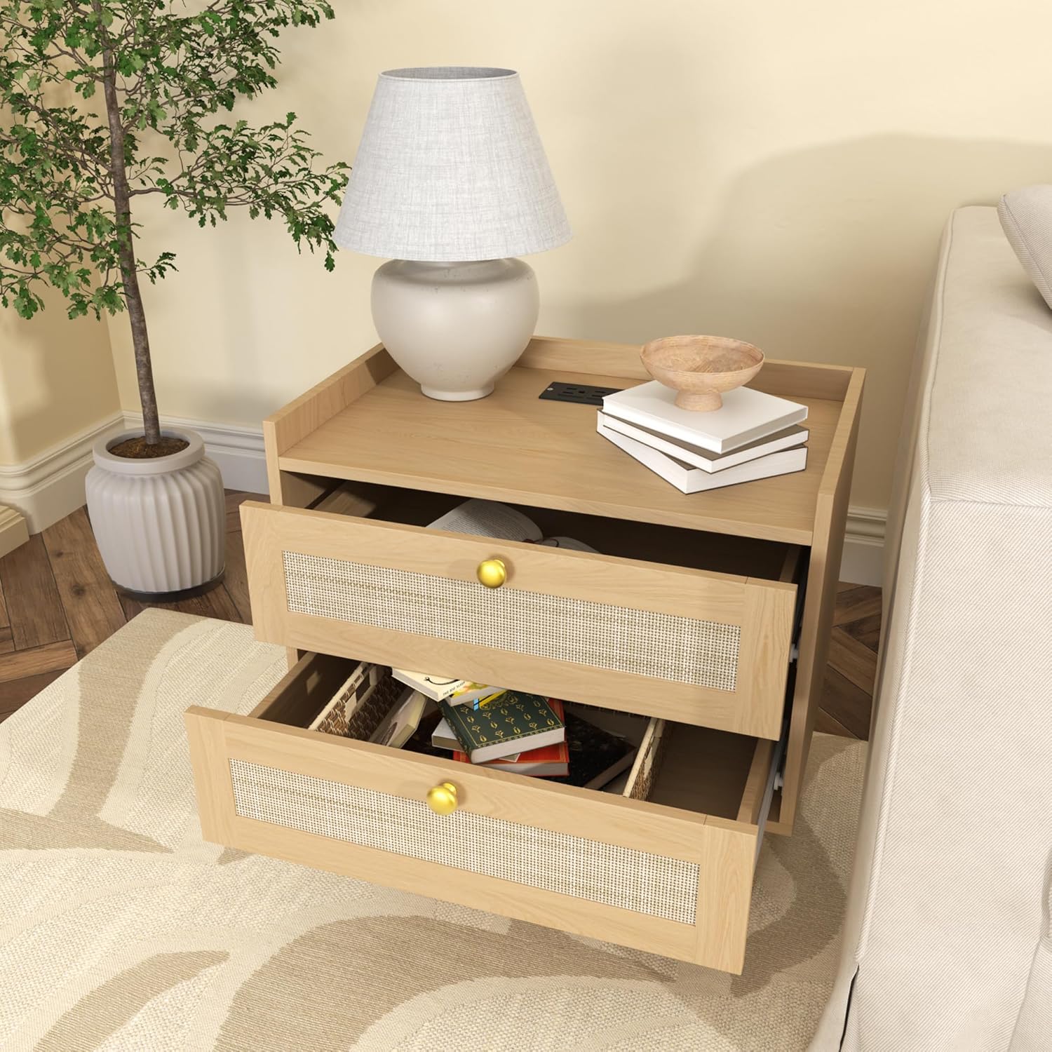 Rattan Nightstands with Charging Station, Set of 2, Boho Bedside Table with 2AC Outlets and 2USB Ports, Modern End Tables with 2 Drawers for Bedroom, Office and Small Spaces, Oak