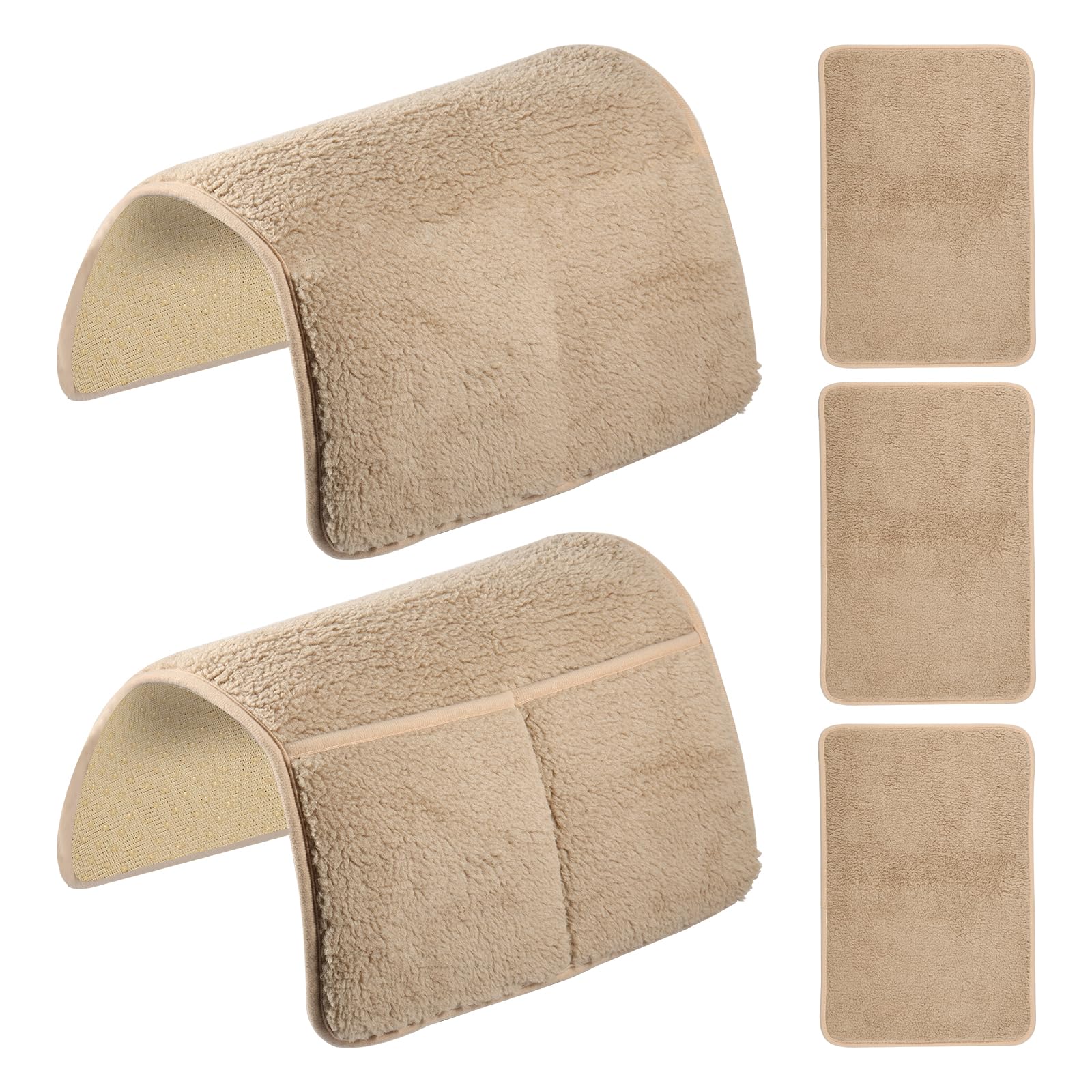 5Pcs Sofa Armrest Cover with Side Storage Pockets Lambswool Sofa Arm Protector Non Slip Sofas Headrest Cover Machine Washable Recliner Chair Arm Cover for Recliner Chair Pets (Khaki)